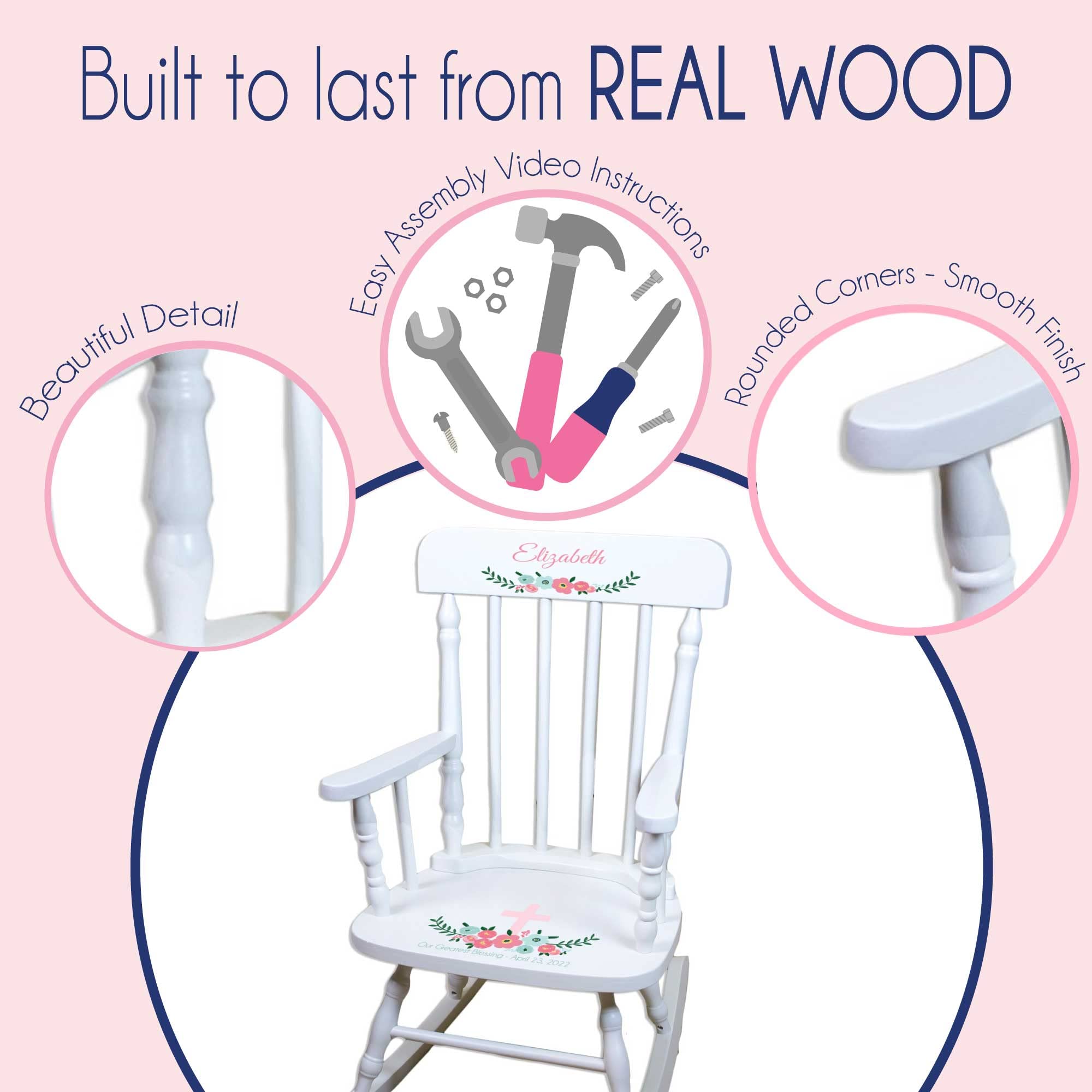 Personalized White Wood Rocking Chair for Baby Girls - Custom Toddler Gift with Pink Princess Castle Design - Perfect for Nursery Decor, Birthday Presents & Photo Shoots