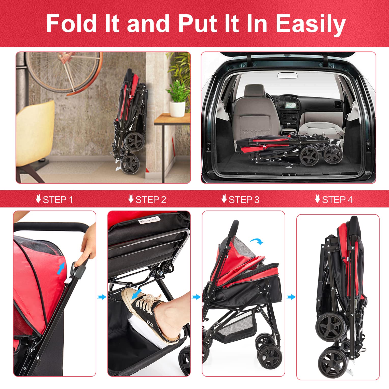 Foldable Large Dog Stroller for Medium Pets - Convertible Compartment & Reversible Handlebar - Perfect for Outdoor Walks, Vet Visits, and Travel with Your Cat or Dog