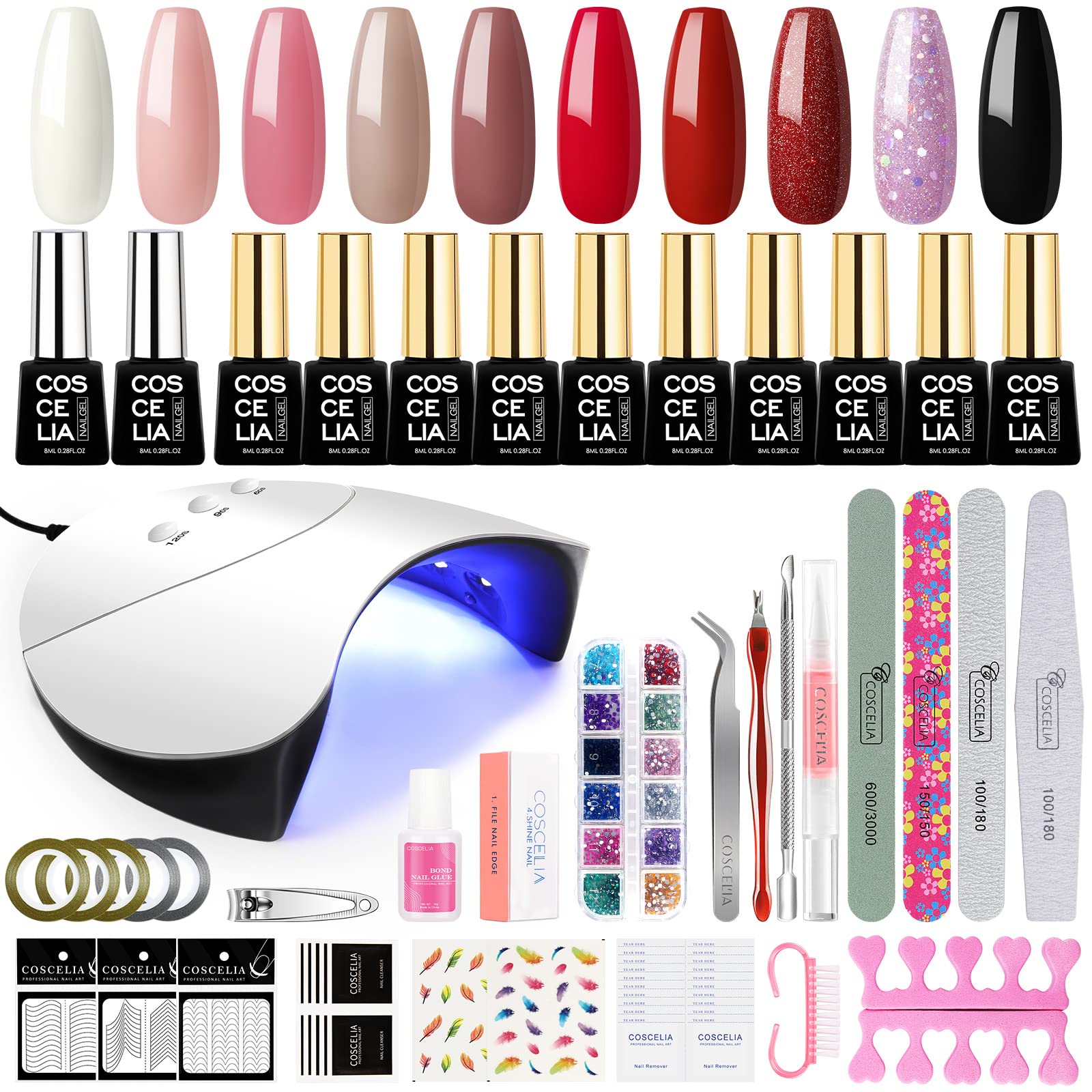 36W LED Gel Nail Polish Kit with 10 Colors - Professional Base Coat, Top Coat & UV Lamp for DIY Home Manicure or Salon Use - Perfect for Nail Art, Parties & Special Occasions