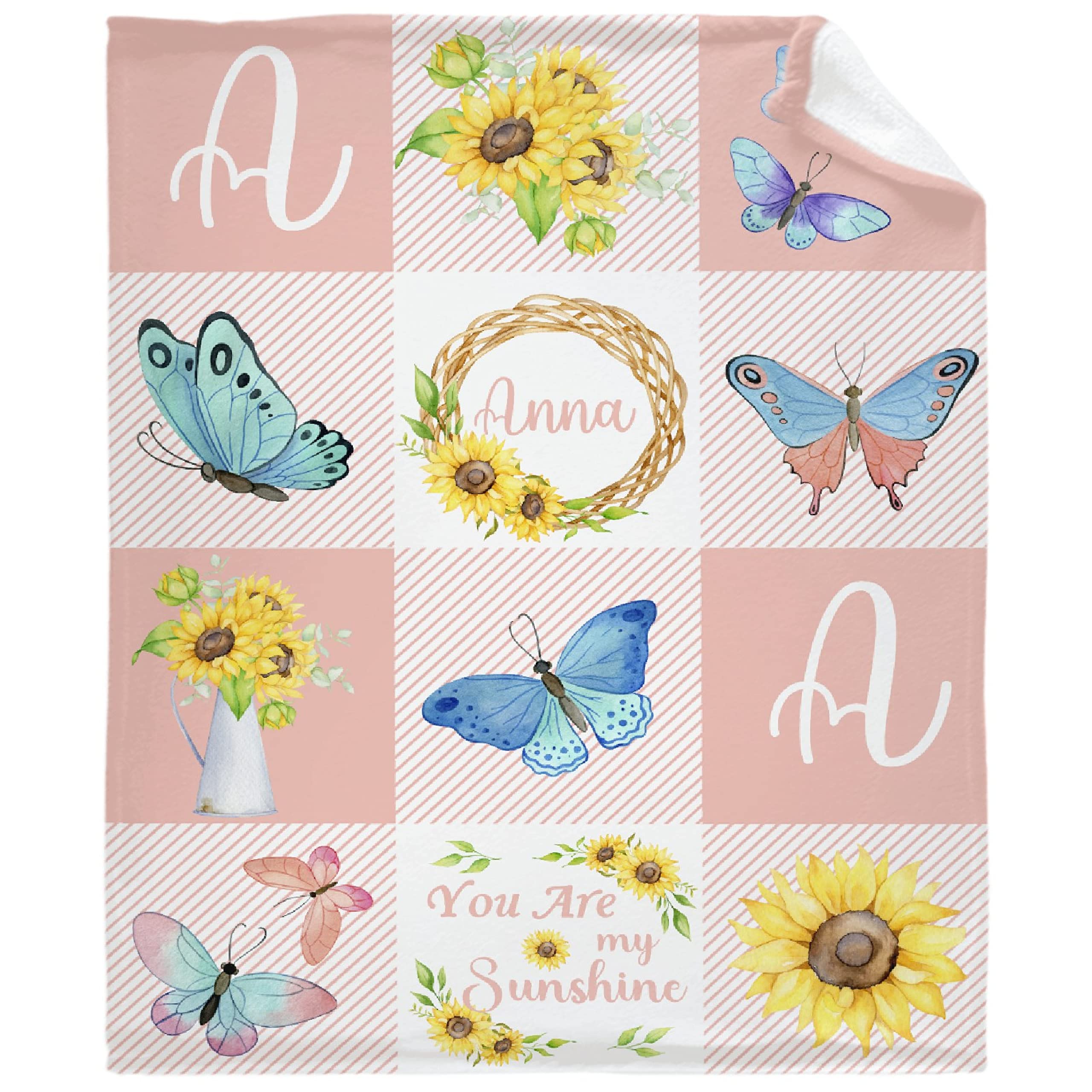 Personalized Baby Blankets for Girls & Boys - Custom Name Baby Blanket Gift | Soft Cozy Fleece Throw Quilt for Newborns & Toddlers | Sunflower Butterfly Design | XL Size for Nursery, Crib & Family Cuddles