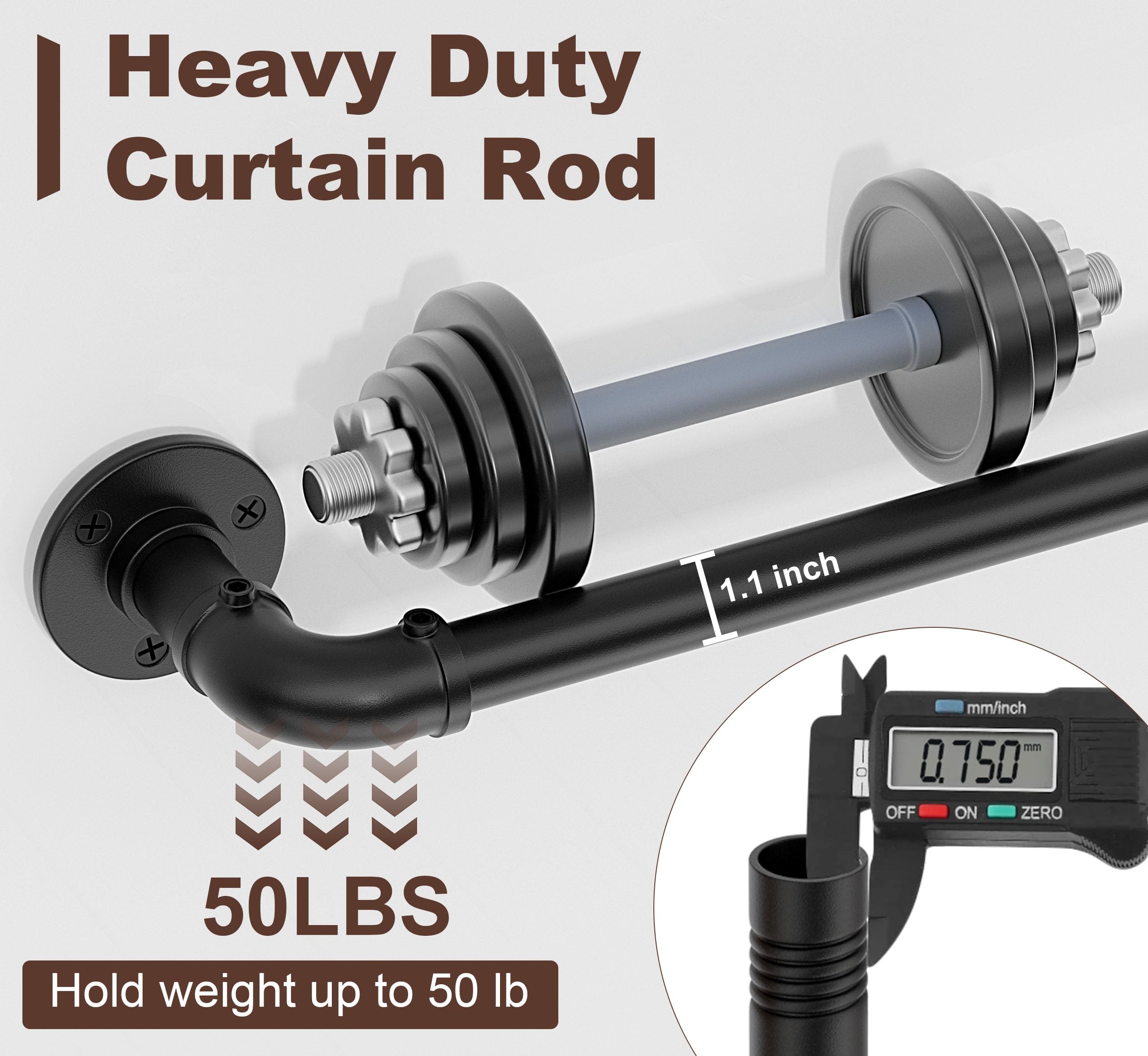 Heavy Duty Black Industrial Curtain Rod 36-84 Inch Adjustable Rustic Pipe Drapery Pole - 1 Inch Wrap Around Blackout Window Curtain Rod for Living Room, Bedroom & Home Theater