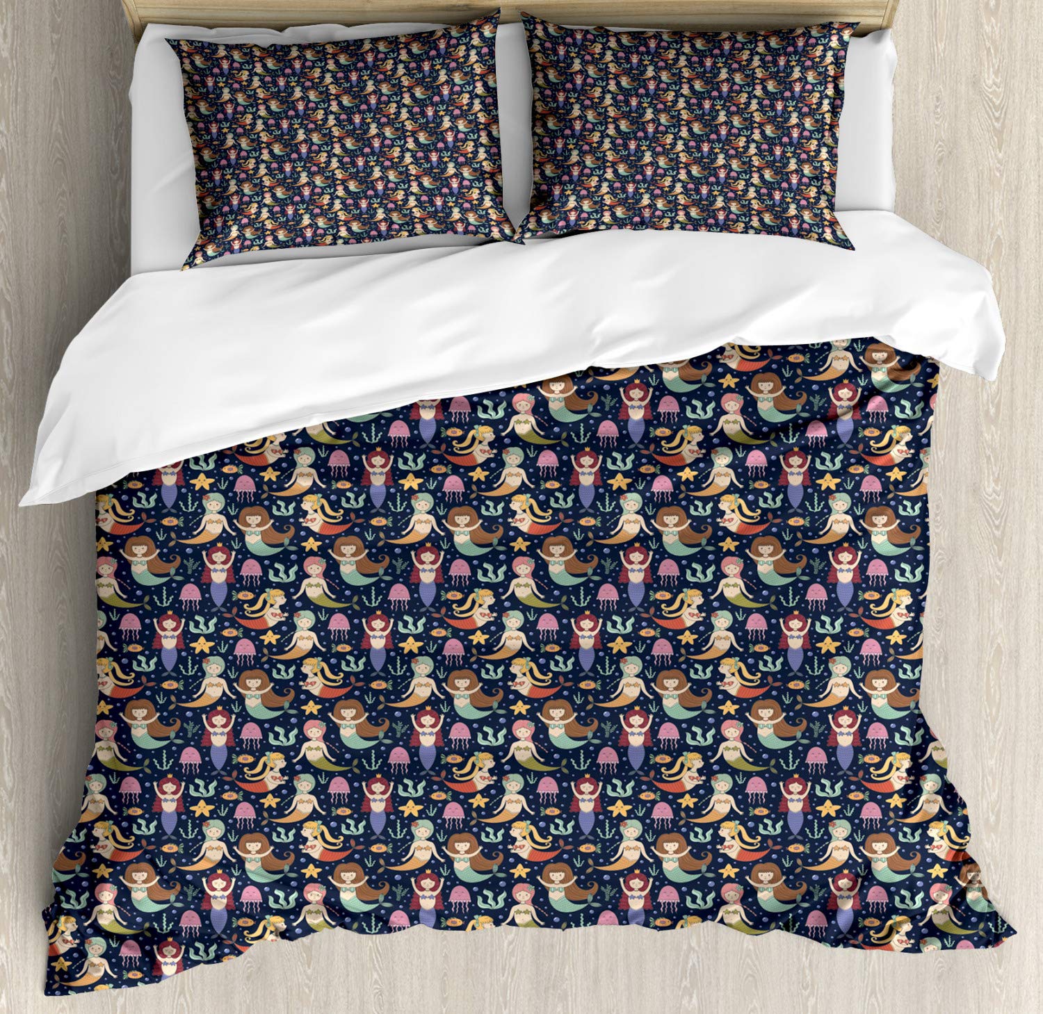 Ambesonne Mermaid Duvet Cover Set - Whimsical Ocean Girls with Colorful Tails & Bubbles Design, 3-Piece King Size Bedding Set with 2 Pillow Shams, Multicolor Indigo - Perfect for Kids' Rooms, Beach Themed Decor & Fantasy Bedroom Makeovers
