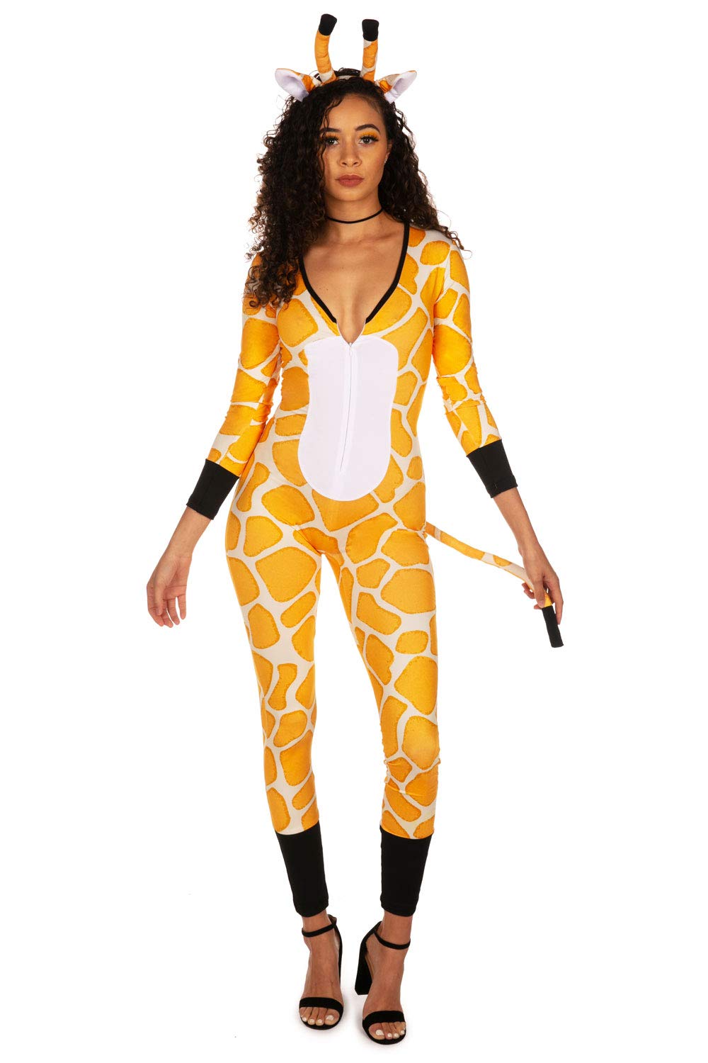 Women's Halloween Giraffe Costume - Orange Long Sleeve Bodysuit with Headband | Fun Animal Print Party Outfit for Halloween, Cosplay & Themed Events