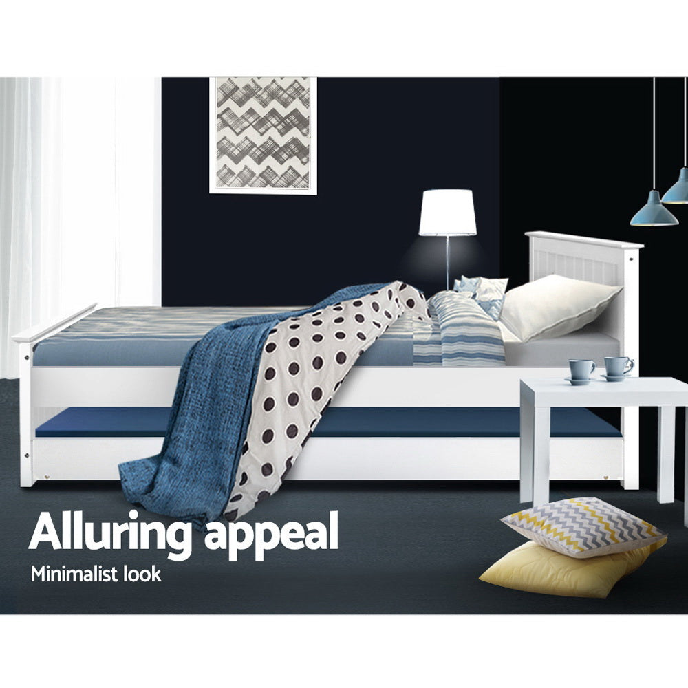Elvis Wooden King Single Trundle Bed Frame for Kids - White Twin Size with Storage Drawer | Perfect for Small Bedrooms, Guest Rooms & Kids' Sleepovers
