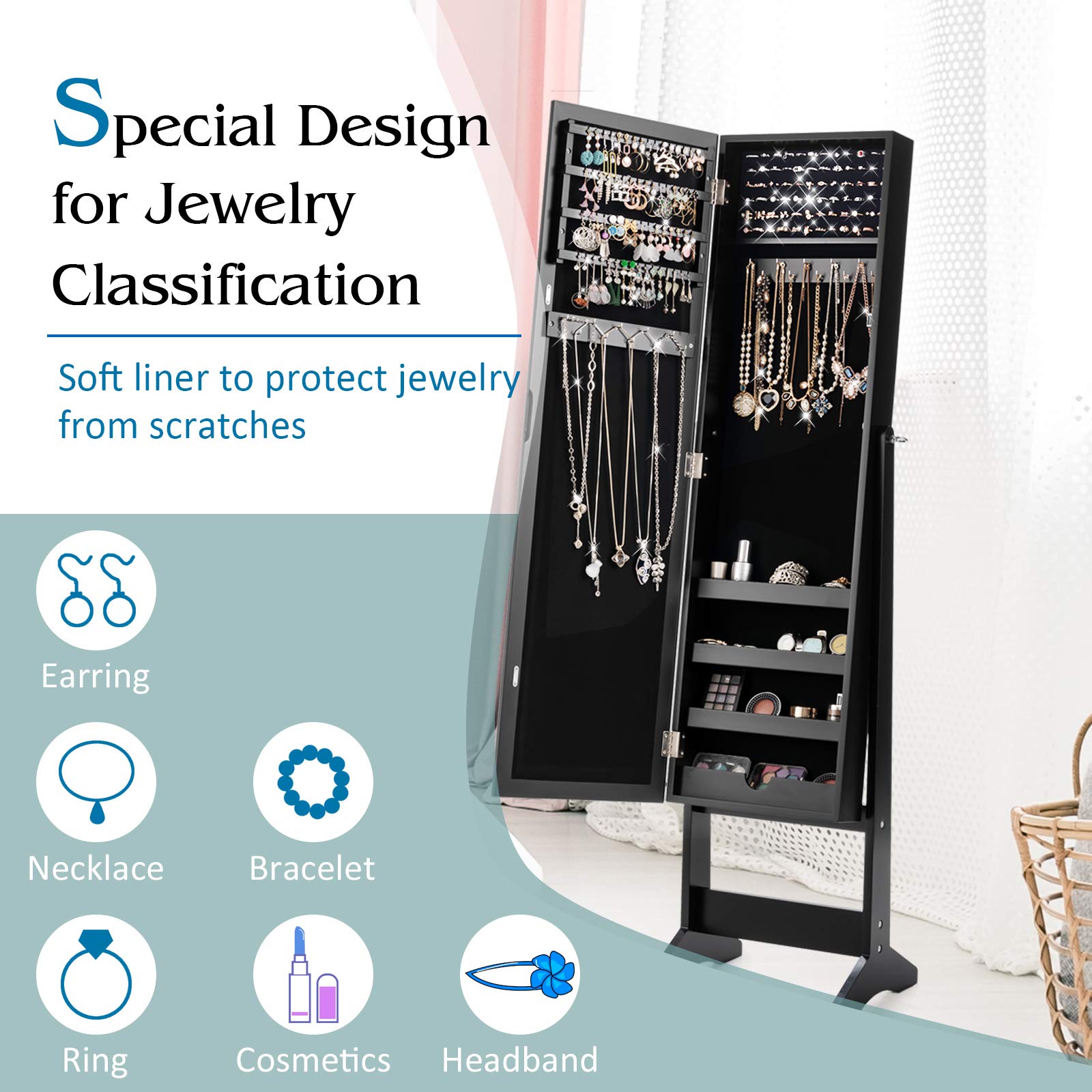 GOFLAME Jewelry Cabinet Organizer with Full Length Mirror Door - Freestanding Makeup Mirror Storage with Large Capacity for Necklaces, Rings & Accessories - Perfect for Bedroom, Closet & Dressing Room (Black)
