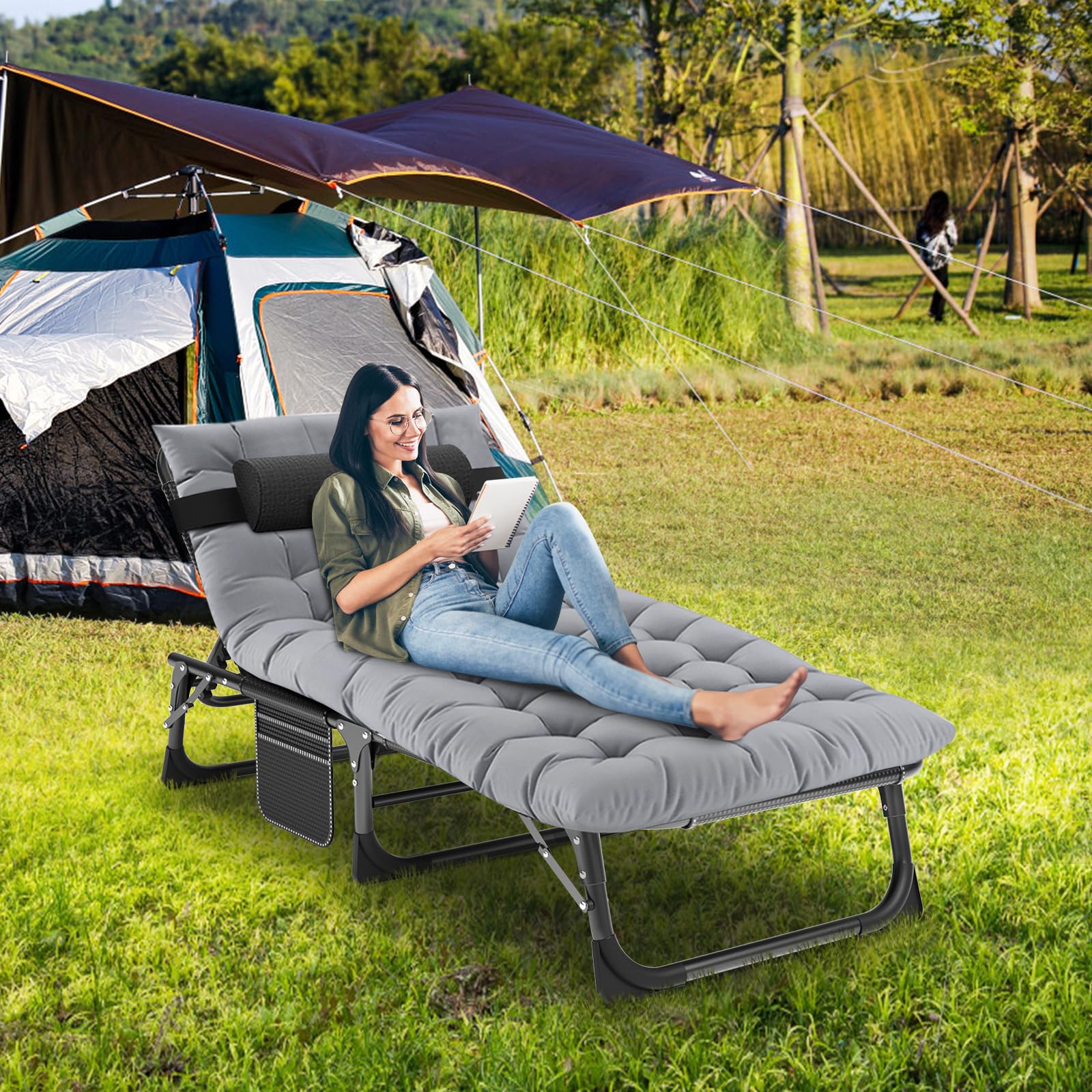 LILYPELLE Adjustable Folding Chaise Lounge Chair with Mattress - 5-Position Reclining Patio Chair for Sunbathing, Poolside, Beach & Outdoor Relaxation | Perfect for Backyard, Camping, Garden & Deck Use