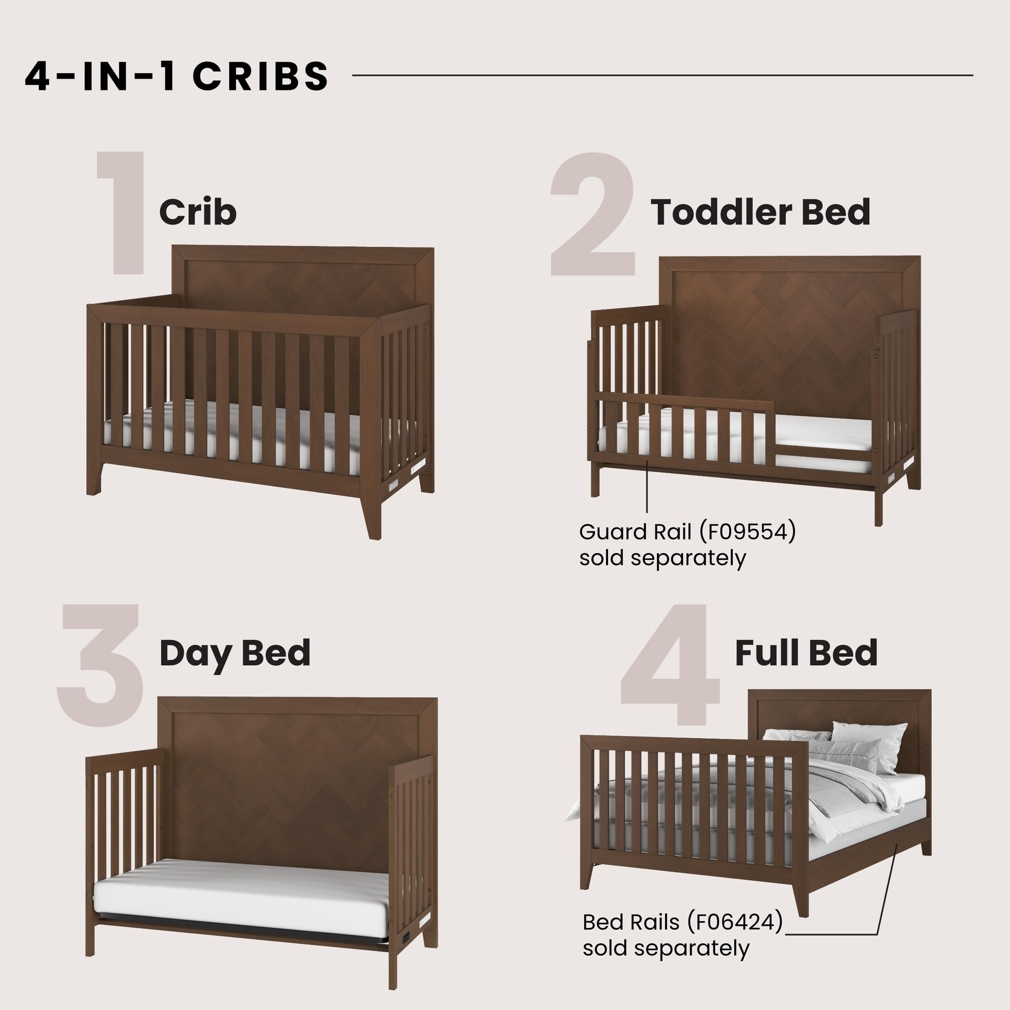 Kieran 4-in-1 Convertible Baby Crib to Toddler Bed & Full Size Bed - Adjustable Height, Non-Toxic Safe Finish (Toasted Chestnut) - Perfect for Nursery, Bedroom & Growing Kids
