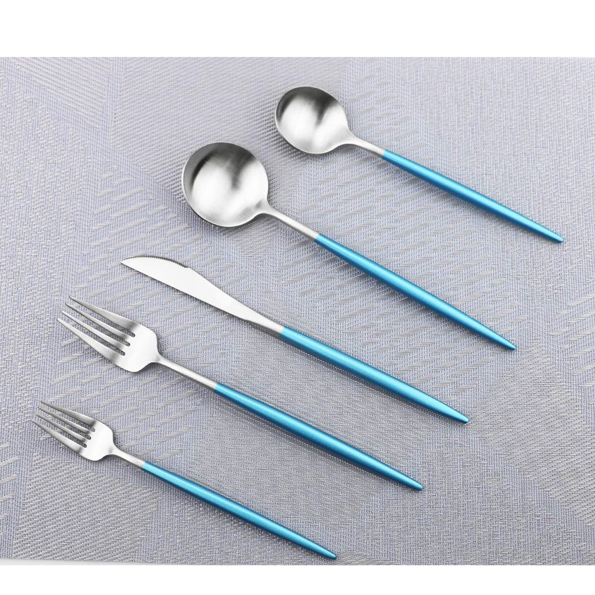 Premium 5-Piece Luxury Flatware Set - 18/10 Stainless Steel Silverware for Home, Kitchen, Hotel & Restaurant - Matte Finish with Blue Handle - Elegant Tableware Cutlery Set for 1 - Perfect for Dinner Parties, Wedding Gifts & Fine Dining Experiences