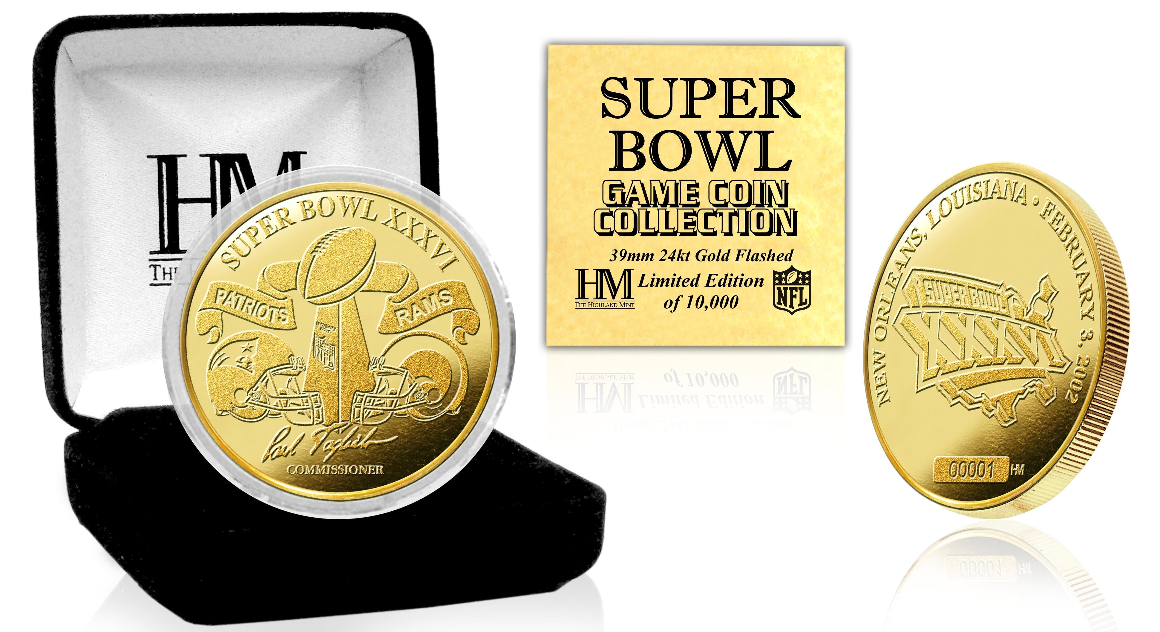 Super Bowl XXXVI 24kt Gold Commemorative Flip Coin - Perfect for NFL Collectors, Sports Memorabilia Displays & Game Day Decision Making