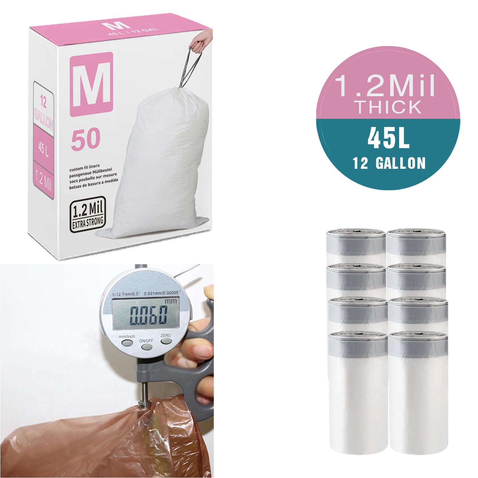 **Code M 12 Gallon Heavy Duty 1.2 Mil Thick Plastic Trash Bags - 50 Count, Reinforced Drawstring, Leak-Proof & Tear-Resistant - Compatible with Simplehuman Code M White Garbage Cans - Perfect for Kitchen, Bathroom & Office Waste Disposal**