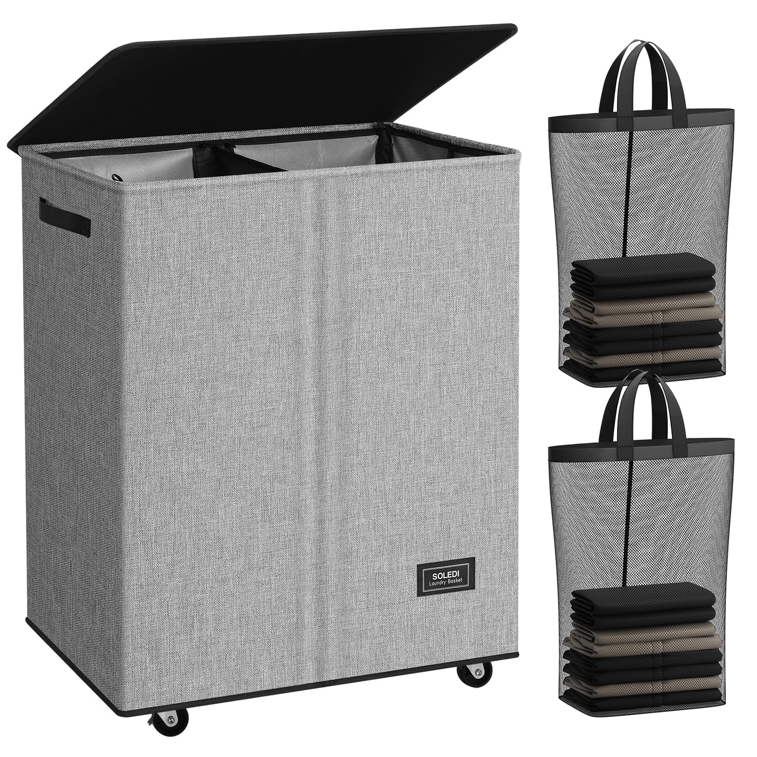 SOLEDI 145L Rolling Laundry Basket with Wheels - 2 Section Laundry Hamper Organizer with Removable Bag, Smooth Wheels for Easy Transport - Perfect for Bedroom, Laundry Room & Dorm Organization