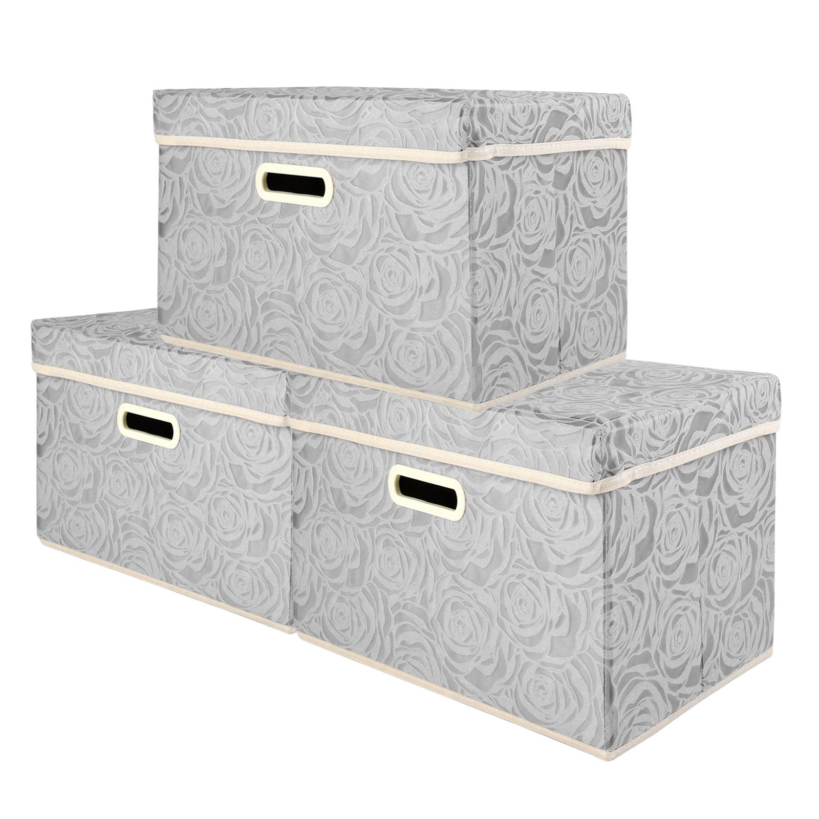 Lucky Monet 3-Pack Large Foldable Fabric Storage Bins with Lids & Handles - Rose Pattern Organizer Cubes (14.9