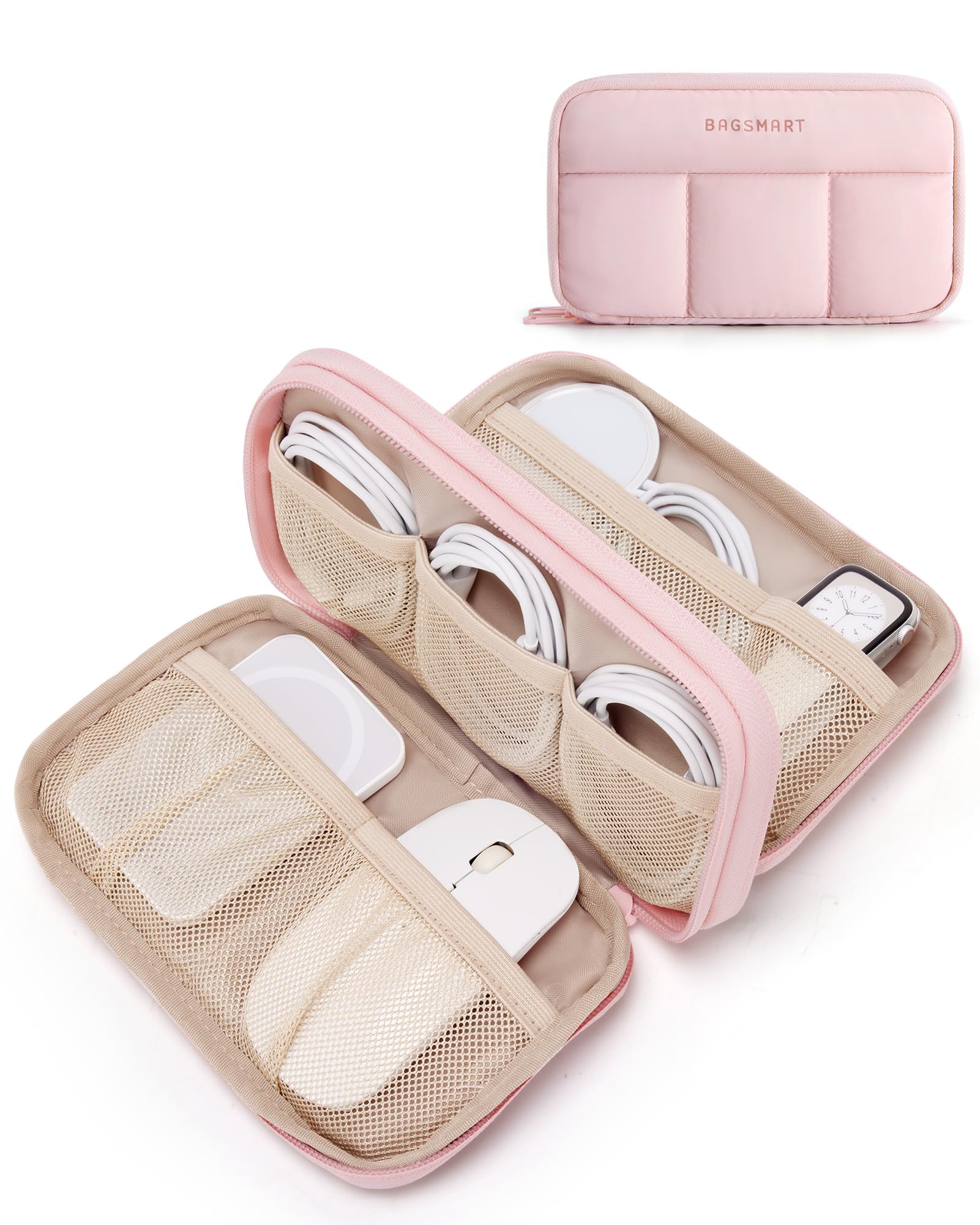 BAGSMART Electronics Organizer Travel Case - Cord Storage for Chargers, Cables & Phones - Compact Tech Accessories Pouch in Pink - Perfect for Travel, Office & Home Organization