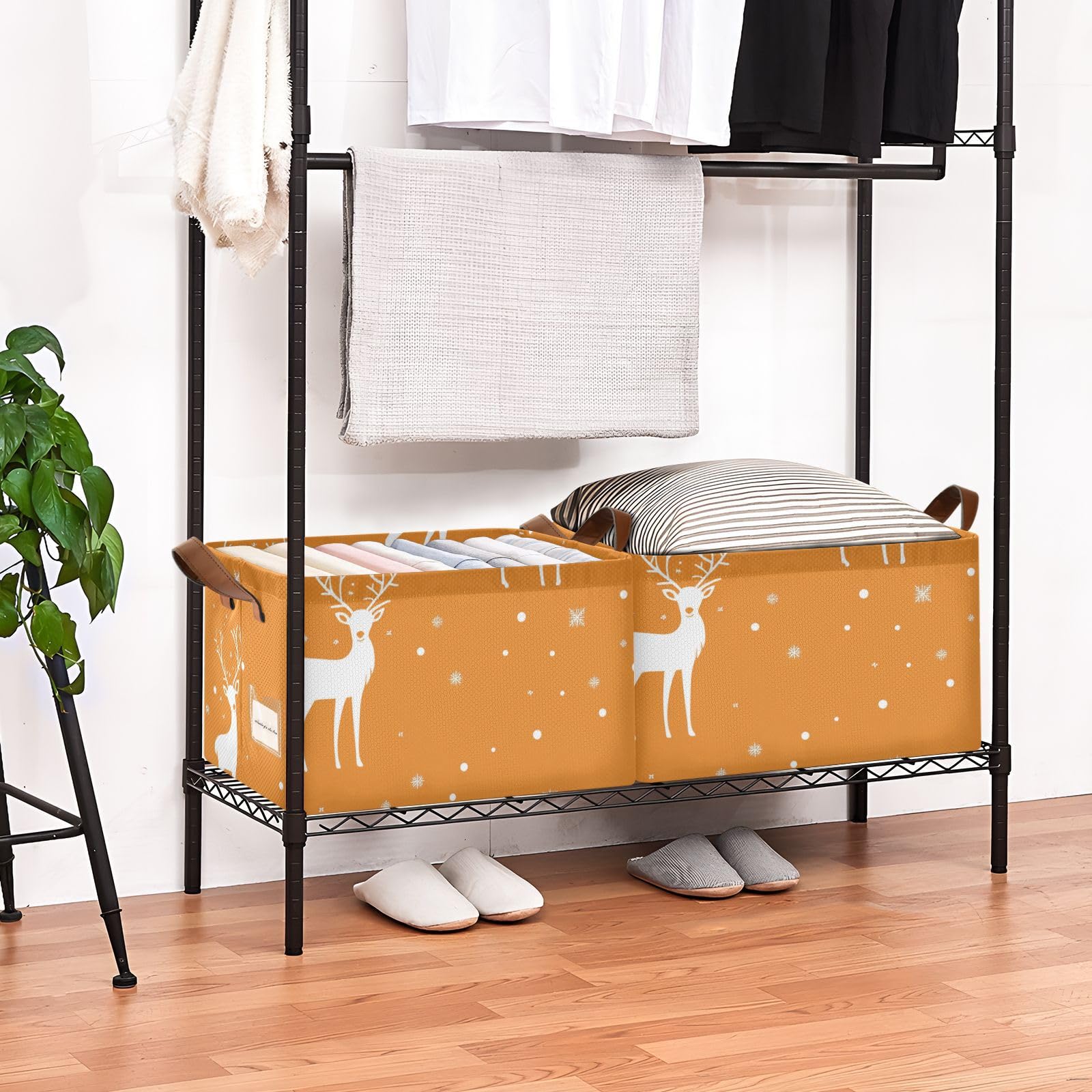 Foldable Large Fabric Storage Baskets with Handles - 2 Pack Christmas White Deer Pattern Decorative Organizer for Clothes, Toys & Home Organization | Perfect for Bedroom, Nursery & Holiday Decor