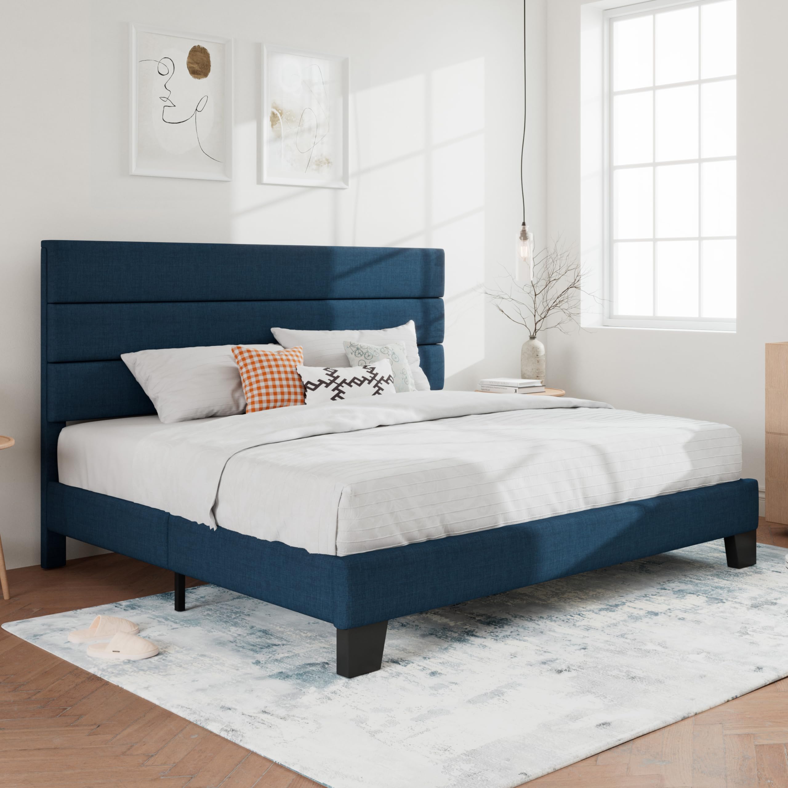 SHA CERLIN King Size Upholstered Platform Bed Frame with Fabric Headboard - Sturdy Wood Slat Support, No Box Spring Required, Blue Velvet - Perfect for Master Bedroom, Guest Room & Modern Home Decor