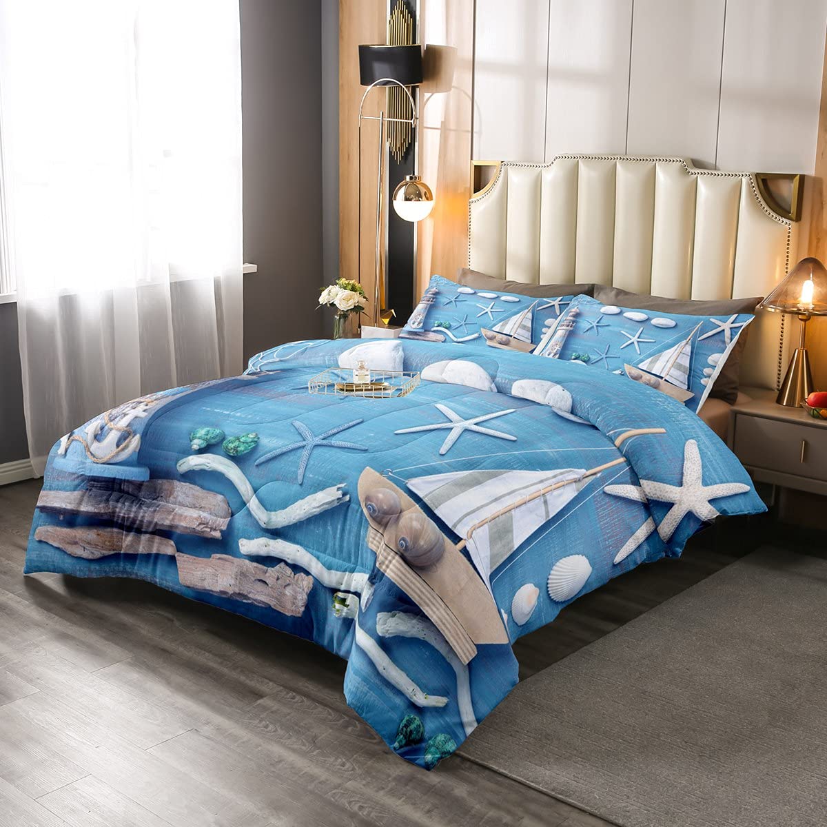 Nautical Sailboat Queen Size Comforter Set - Lighthouse Design, Starfish & Marine Life Print, Light Blue Ocean Theme Bedding with 2 Pillowcases | Perfect for Coastal, Beach House & Nautical Themed Bedroom Decor