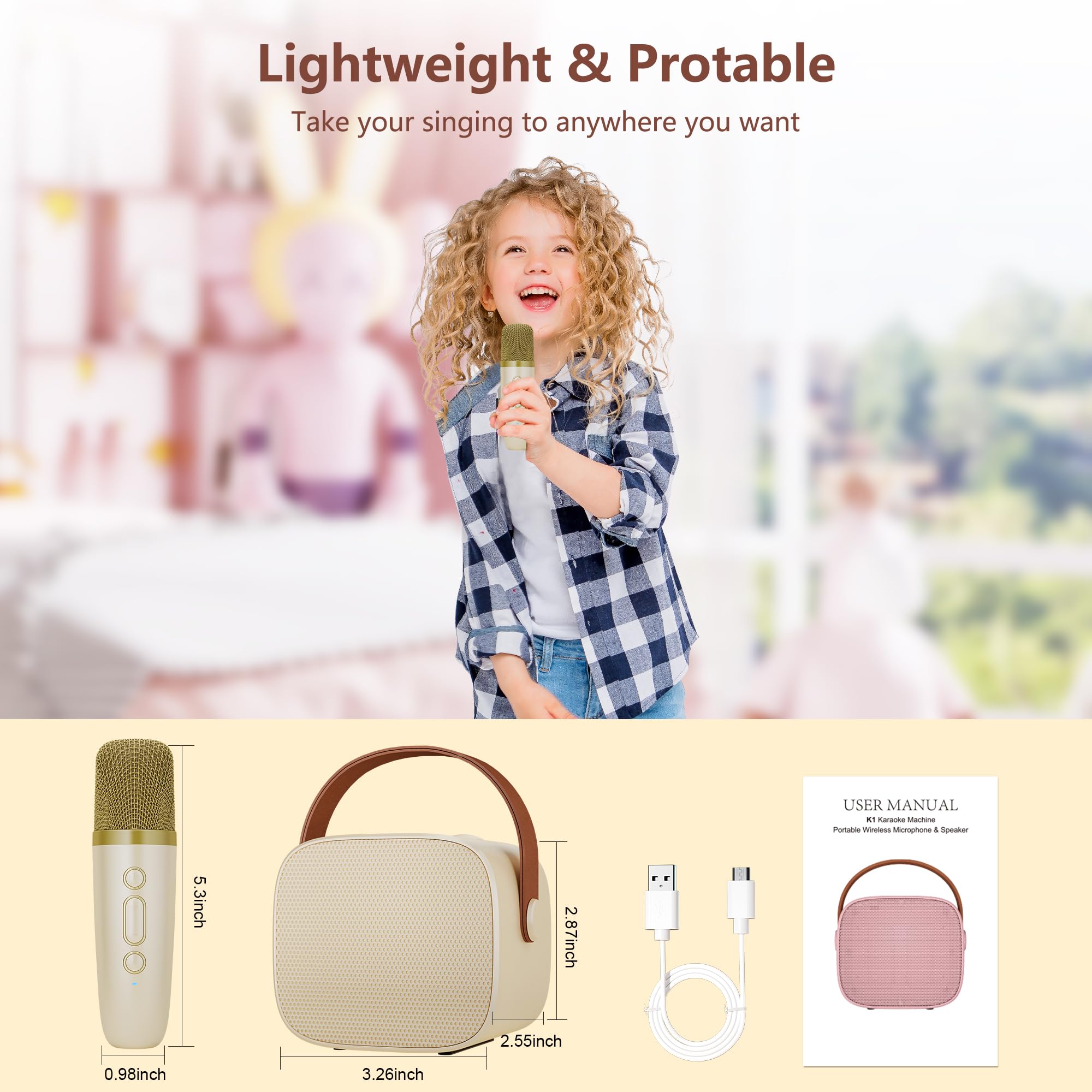BONAOK Wireless Kids Karaoke Microphone with Speaker - Rechargeable Mini Karaoke Machine for Girls & Boys, Fun Singing Toy for Parties & Playtime (Beige)