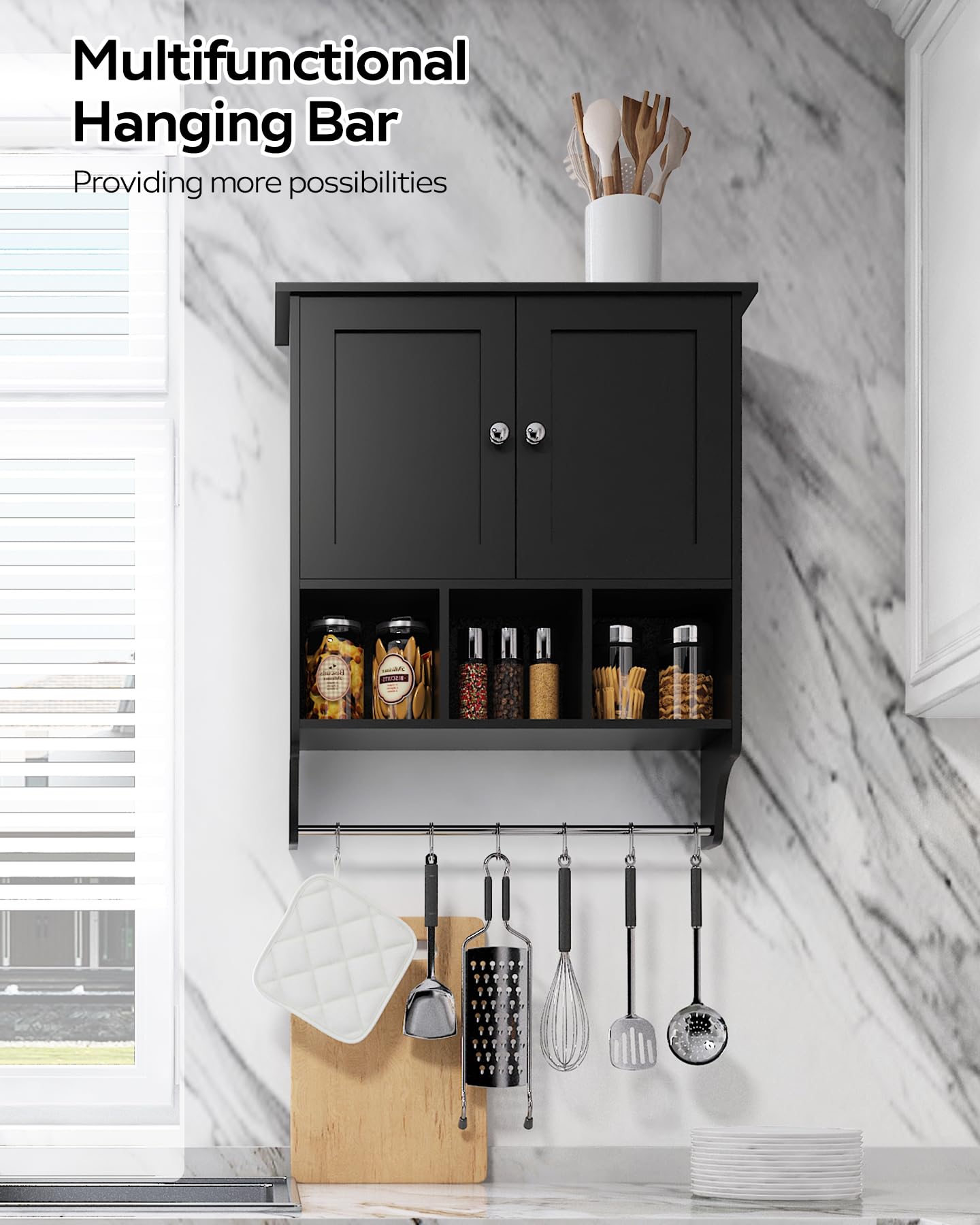 Space Saving Wall Mounted Medicine Cabinet with 2 Doors & Adjustable Shelves - Bathroom Storage Organizer for Towels, Toiletries & Essentials - Perfect for Bathroom, Living Room & Kitchen (Black)