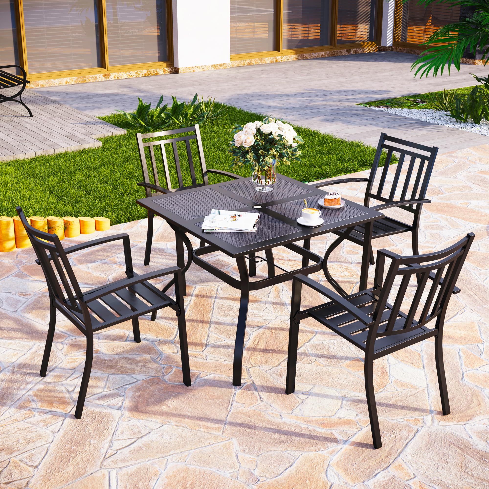 PHI VILLA 5-Piece Outdoor Dining Set - 4 Metal Patio Chairs & 1 Rectangular Umbrella Table - Durable Bistro Furniture for Backyard, Garden, Poolside & Restaurant Outdoor Seating