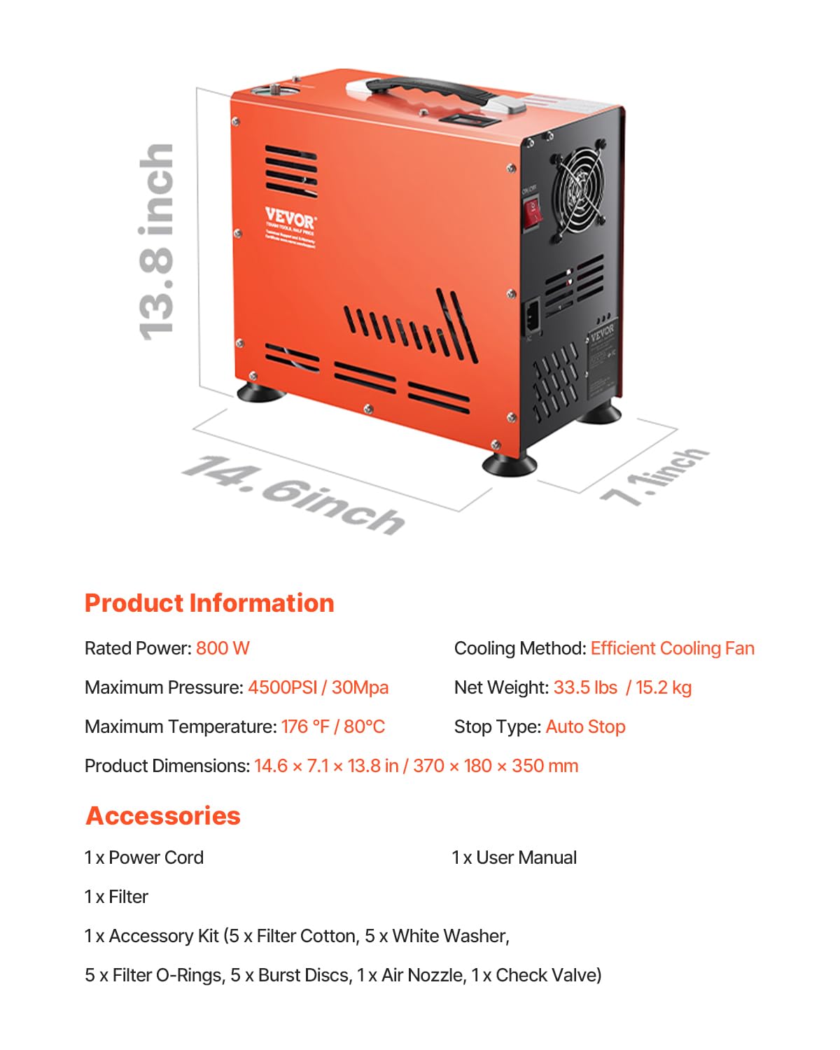 VEVOR 800W Dual-Cylinder PCP Air Compressor 4500PSI/30Mpa - Oil-Free Paintball Tank Pump with Auto-Stop & Built-in Cooling Fan - Perfect for Air Rifles, Scuba Diving Tanks & Paintball Guns | High-Pressure Airgun Charging Station for Outdoor Sports & Hunting