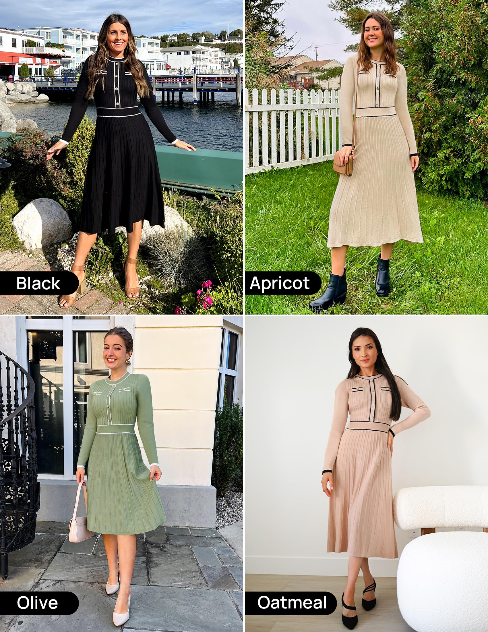 ZESICA Women's 2024 Fall Pleated Sweater Dress - Long Sleeve Crewneck Ribbed Knit Midi Dress for Work, Date Night & Holiday Parties | Casual & Elegant Outfit
