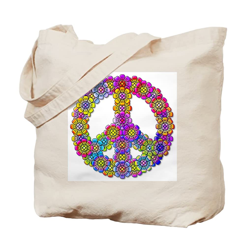 Flower Power Peace Symbol Canvas Tote Bag - Eco-Friendly Reusable Shopping Bag for Groceries, Beach & Daily Use | Natural Cotton Tote with Vintage Design
