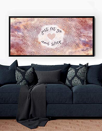 Boho Just Go And Sleep Large Canvas Wall Art - Bohemian Mandala Wall Decor for Master Bedroom, Above Bed Decor (Peach & Black Floating Frame 42x19) - Perfect for Home, Office & Meditation Spaces
