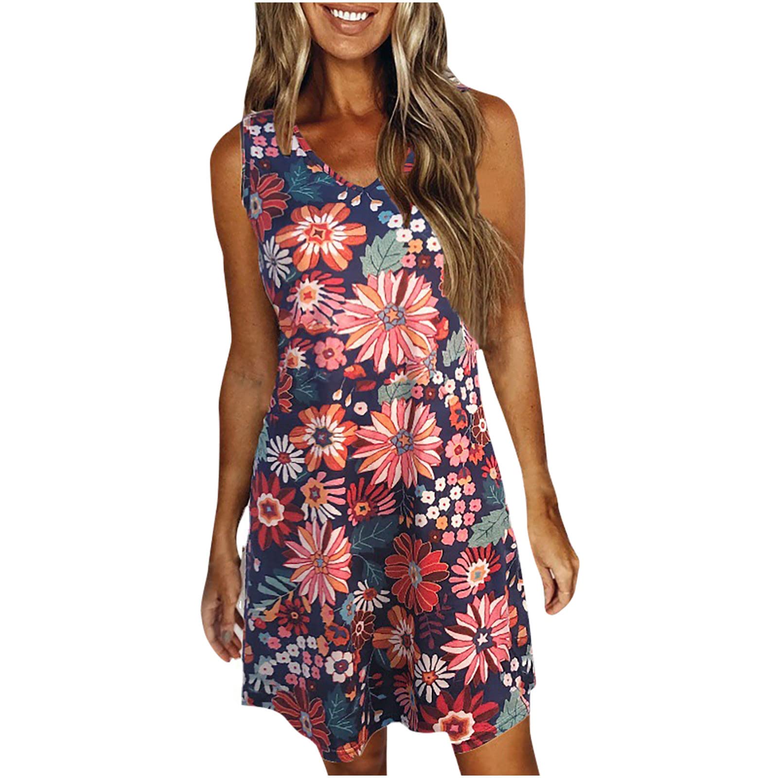 Moxiu Women's Summer Sleeveless V-Neck Floral Print Casual Dress - Lightweight & Comfortable for Beach, Vacation, and Everyday Wear