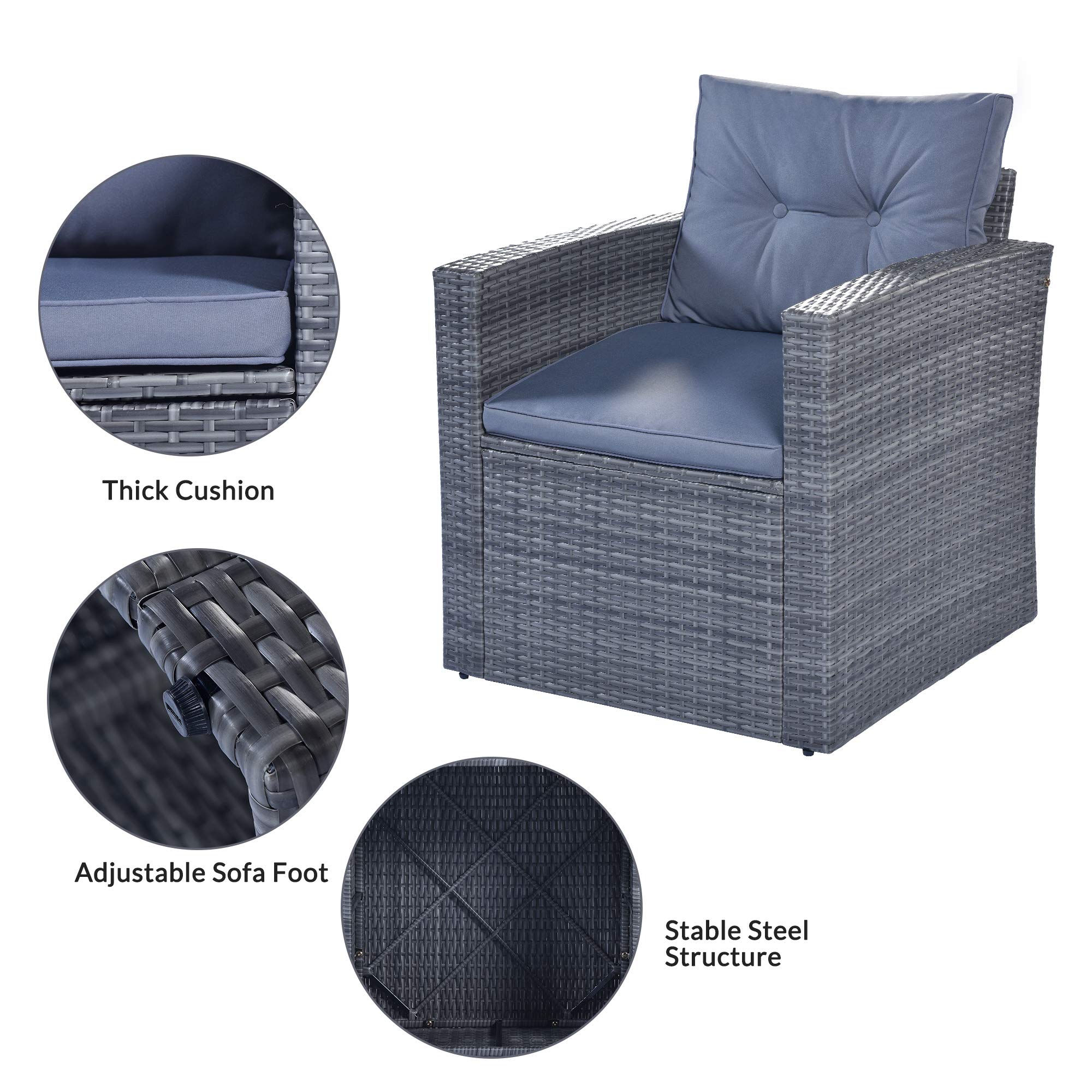 Polibi 6-Piece All-Weather Grey PE Rattan Patio Furniture Set - Outdoor Wicker Sofa Set with Coffee Table, 3-Seater Couch, 2 Chairs, 2 Ottomans & Removable Light Gray Cushions - Perfect for Garden, Poolside, Backyard & Balcony Relaxation