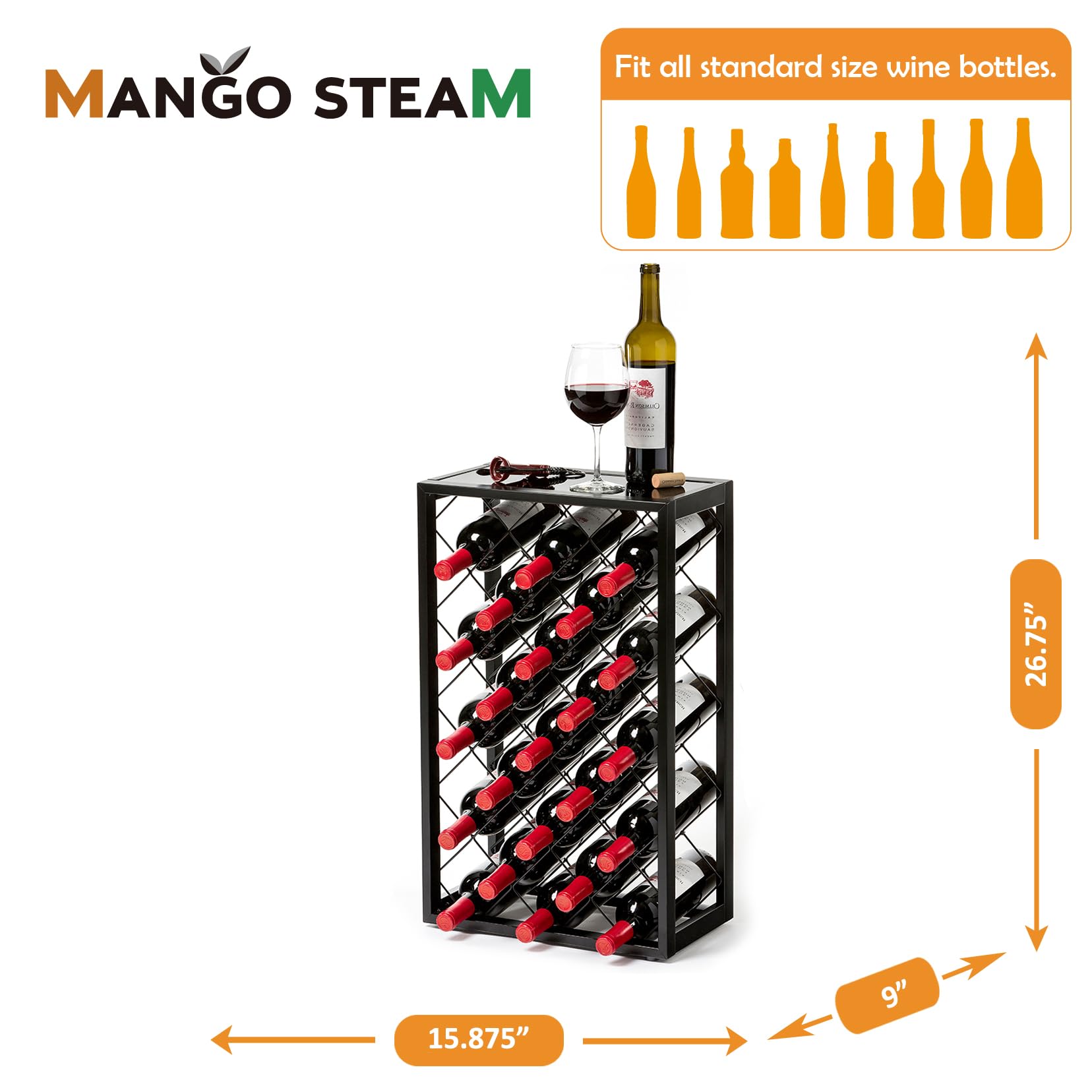 Premium Black Wine Rack with Glass Top Shelf - Holds 23 Bottles - Freestanding Storage for Home, Kitchen, Bar & Restaurant - Perfect for Wine Cellar, Dining Room & Entertaining Spaces