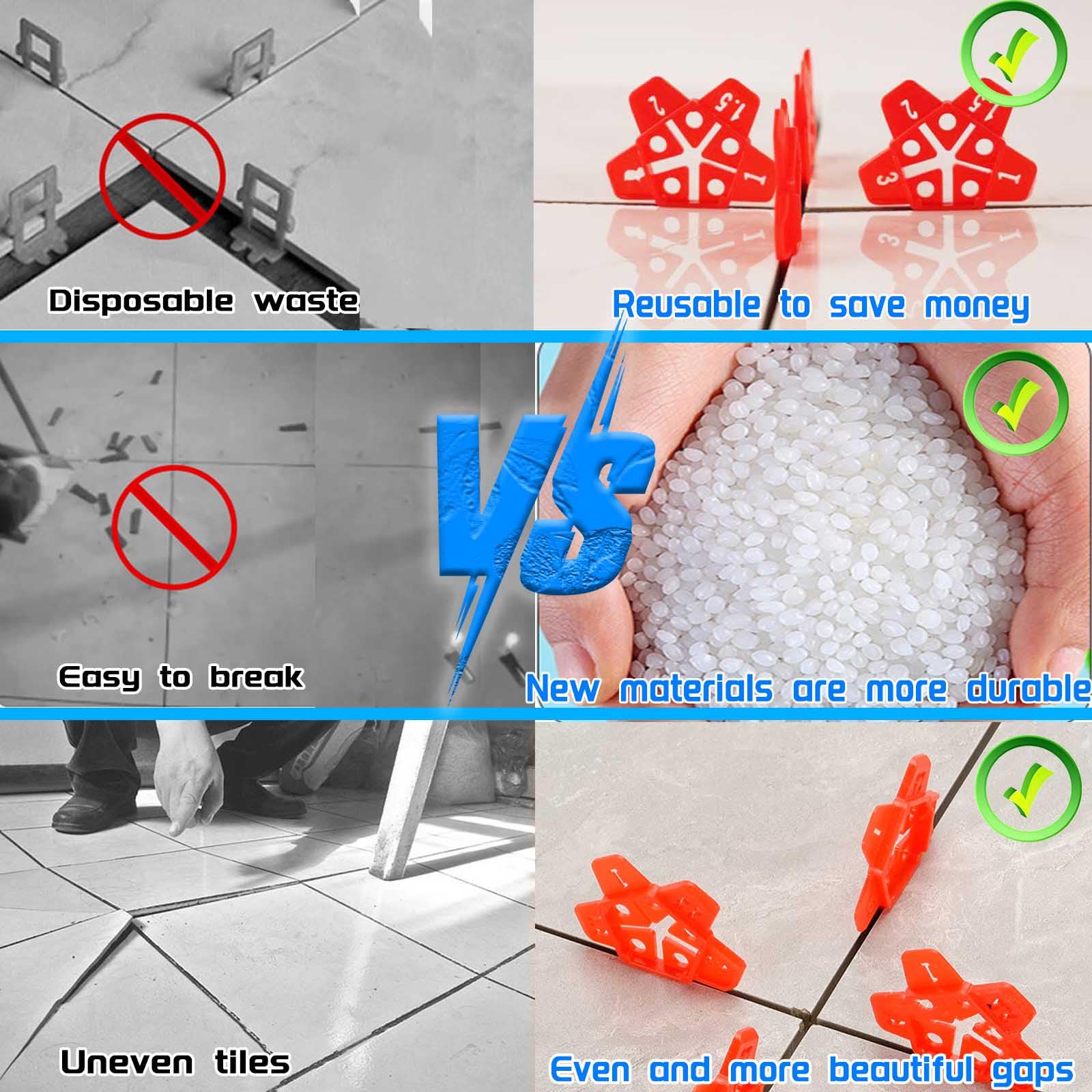 300pcs Reusable Plastic Tile Spacers - 5 Sizes in 1 (1-3mm) - U Shape Horseshoe Tile Leveling Spacers for Floor & Wall Tiles - Perfect for DIY Home Renovation, Bathroom & Kitchen Tiling Projects