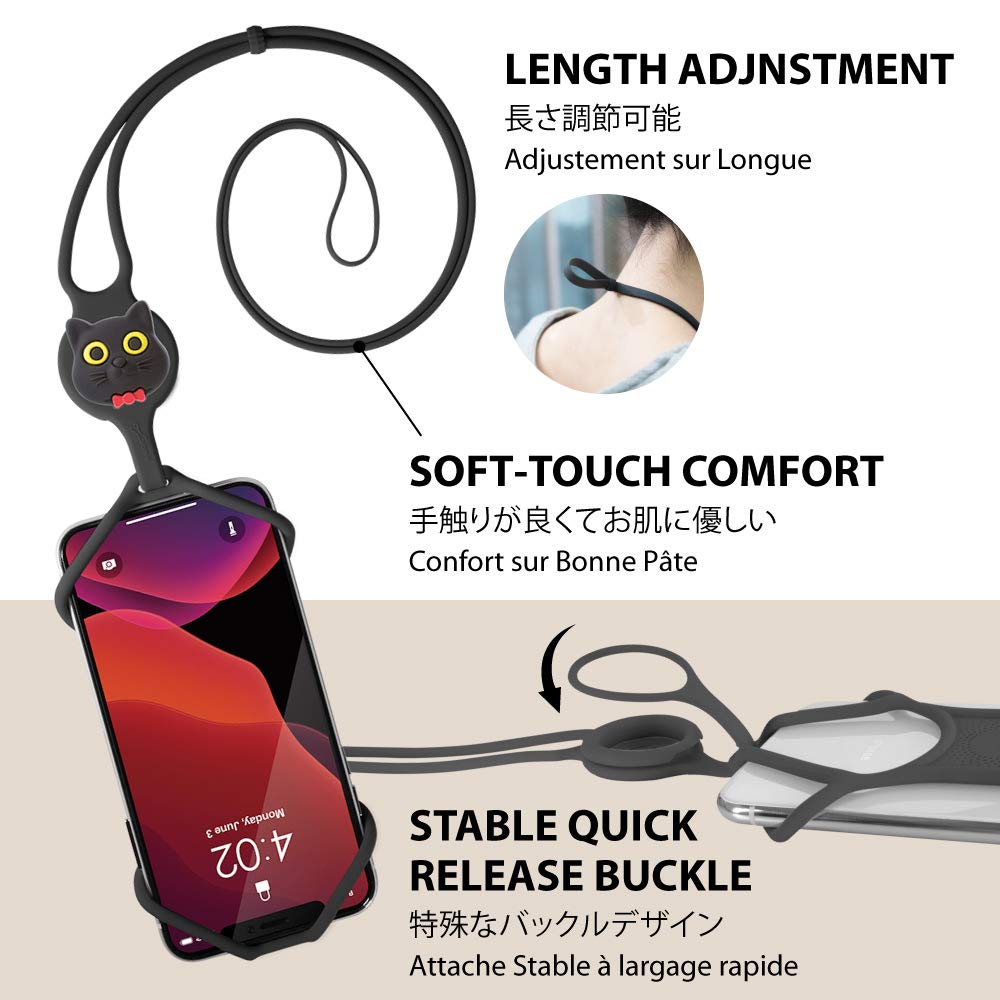 Adjustable Silicone Phone Lanyard Strap - Neck Phone Holder Compatible with iPhone, Samsung & Most Smartphones - Secure Hands-Free Carrying for Work, Travel & Outdoor Activities (Miao Cat Design)
