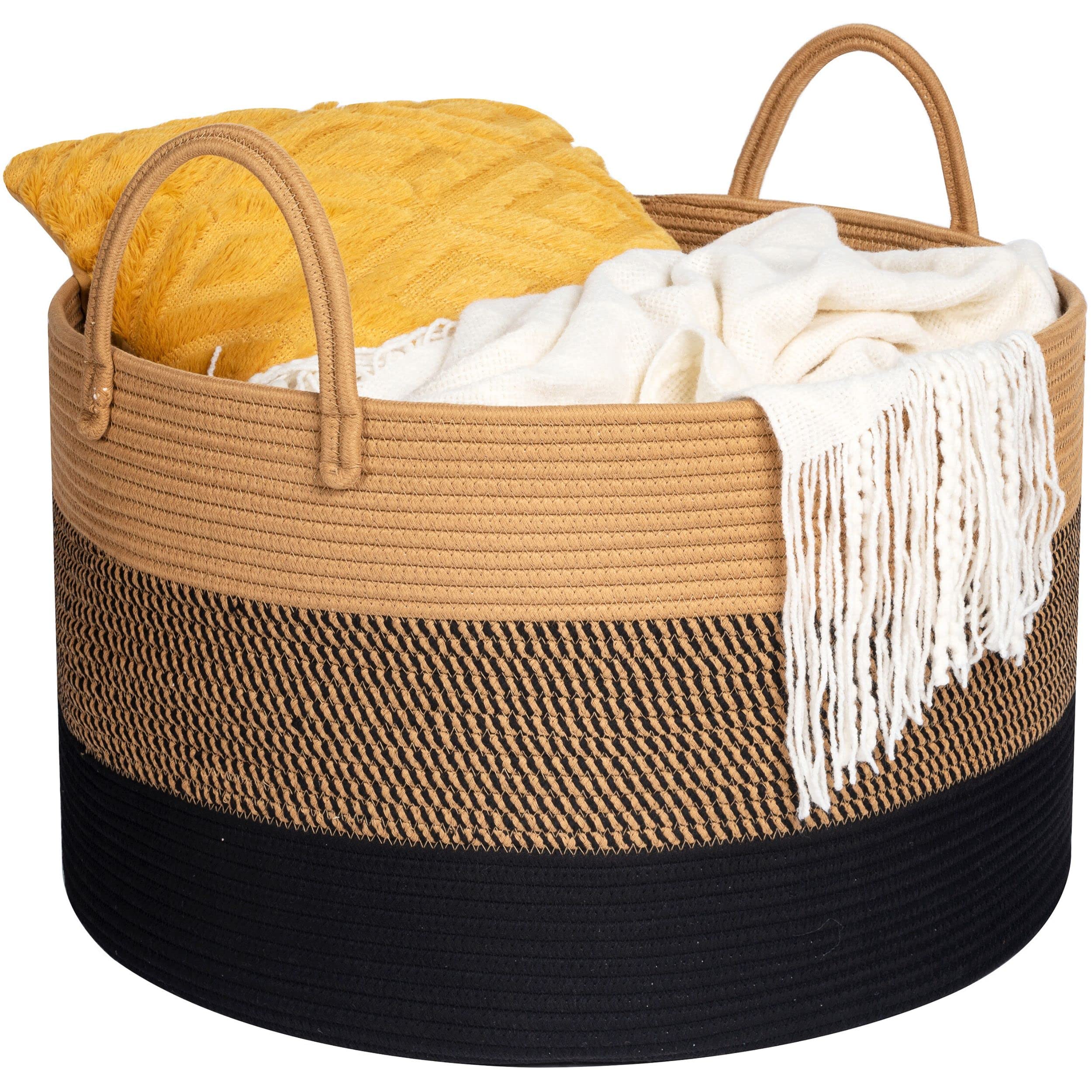 MINTWOOD Extra Large 22x14 Inch Woven Storage Basket - Blanket, Laundry & Toy Organizer, Decorative Cotton Rope Bin for Living Room, Bedroom & Nursery - Black Jute Basket for Home Organization & Cozy Decor