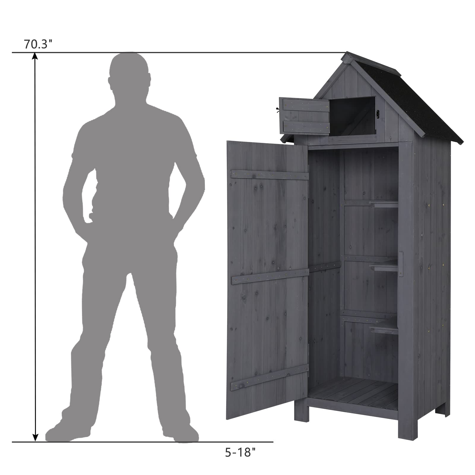 Outvita 70 Inch Waterproof Wooden Outdoor Storage Shed - Lockable Garden Tool Cabinet for Backyard, Lawn & Patio Organization (Grey) | Perfect for Storing Gardening Tools, Lawn Equipment & Seasonal Decor