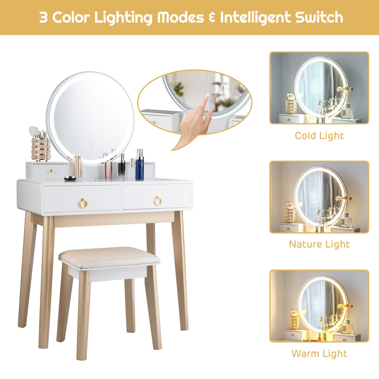 Nightcore Vanity Set with Round LED Lighted Mirror, Modern Makeup Vanity Desk with Cushioned Stool & 4 Drawers - White Dressing Table for Women & Girls | Perfect for Bedroom, Bathroom & Home Beauty Station