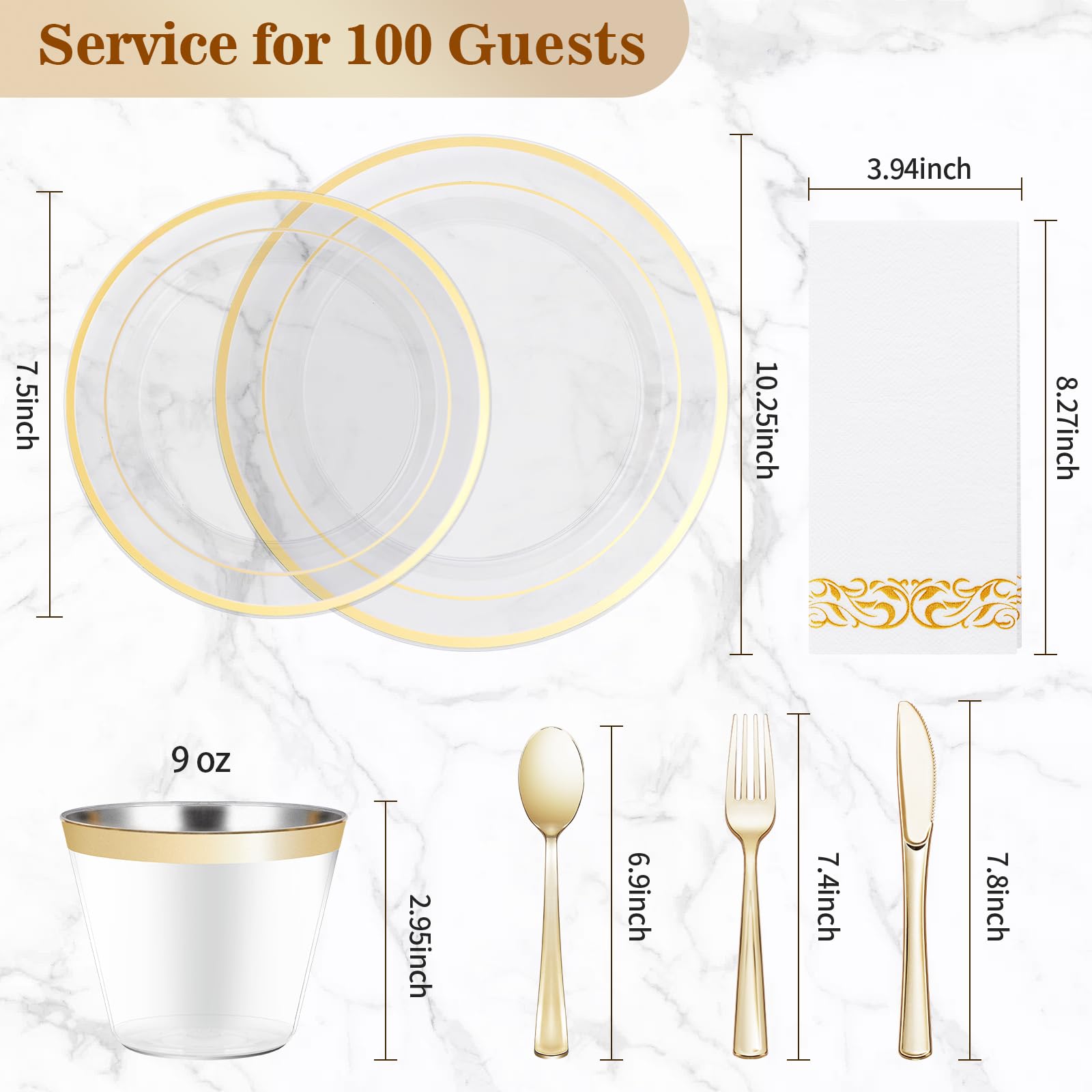 700-Piece Clear Gold Disposable Dinnerware Set for 100 Guests - Elegant Plastic Plates, Cups, Silverware & Napkins for Weddings, Parties & Events - Includes 200 Plates, 100 Gold Utensils, 100 Cups & 100 Napkins - Perfect for Birthday Celebrations, Bridal Showers & Catered Gatherings