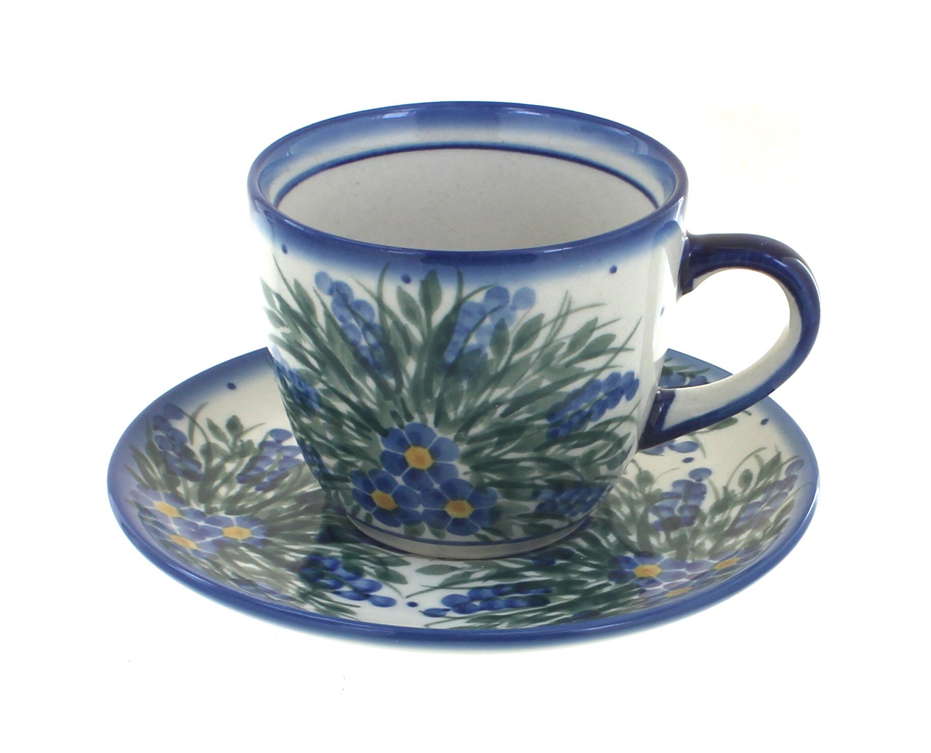 Handmade Blue Rose Polish Pottery Hyacinth Cup & Saucer Set - Traditional Floral Tea Cup for Afternoon Tea, Home Decor & Gift Idea