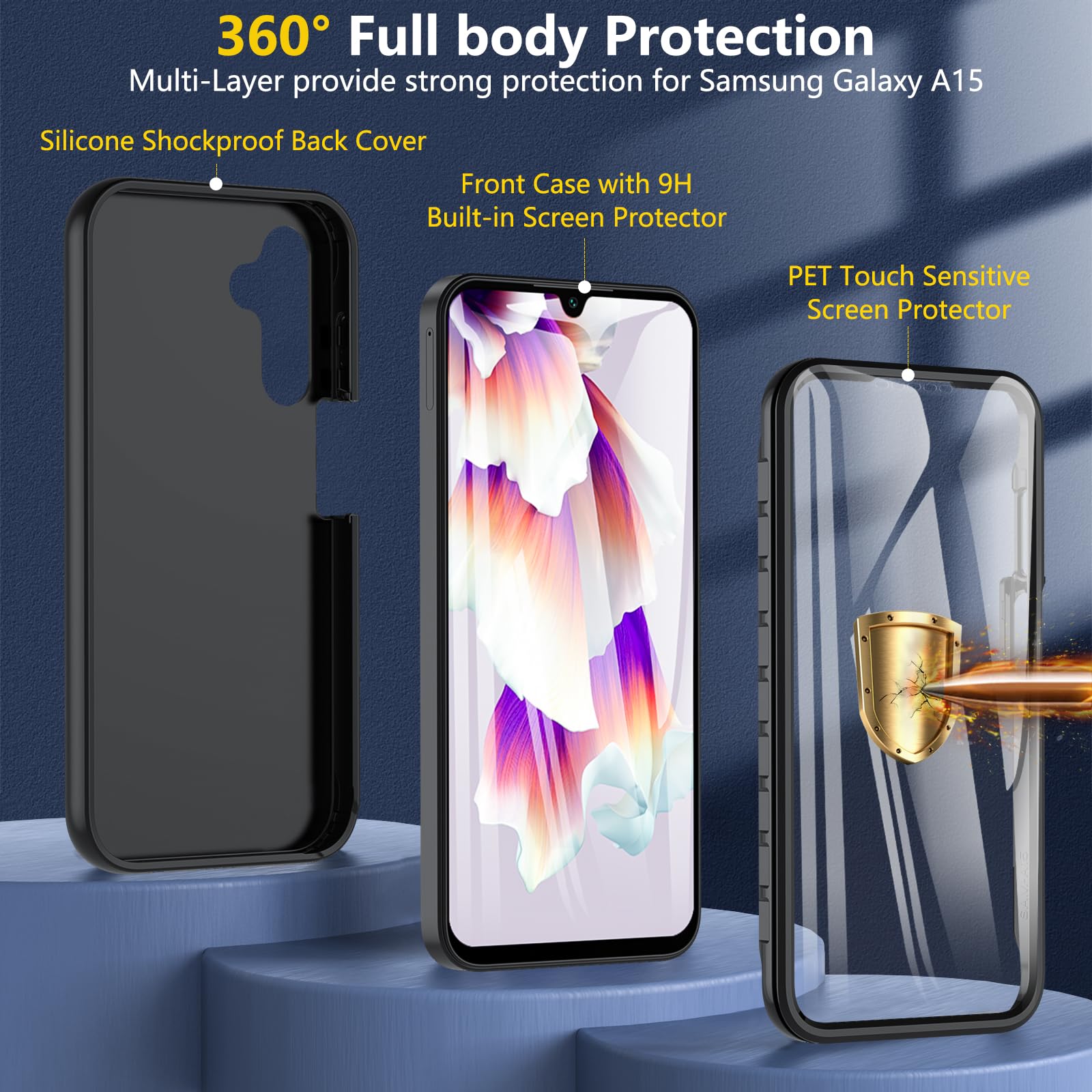 OWKEY Samsung A15 Case - Military Drop Protection with 9H Screen Protector for Daily Use