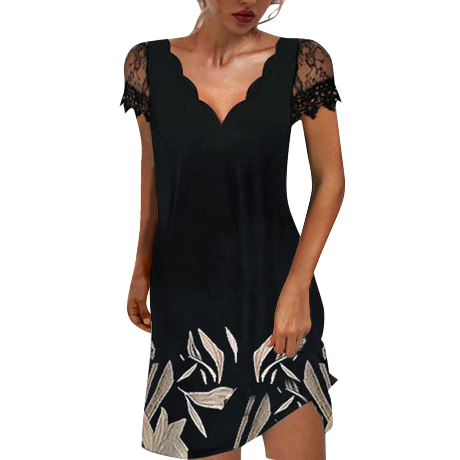 Women's Floral Lace V-Neck Short Sleeve A-Line Dress - Casual Summer Dress with Feminine Floral Pattern & Delicate Lace Trim - Perfect for Brunch, Garden Parties & Date Nights