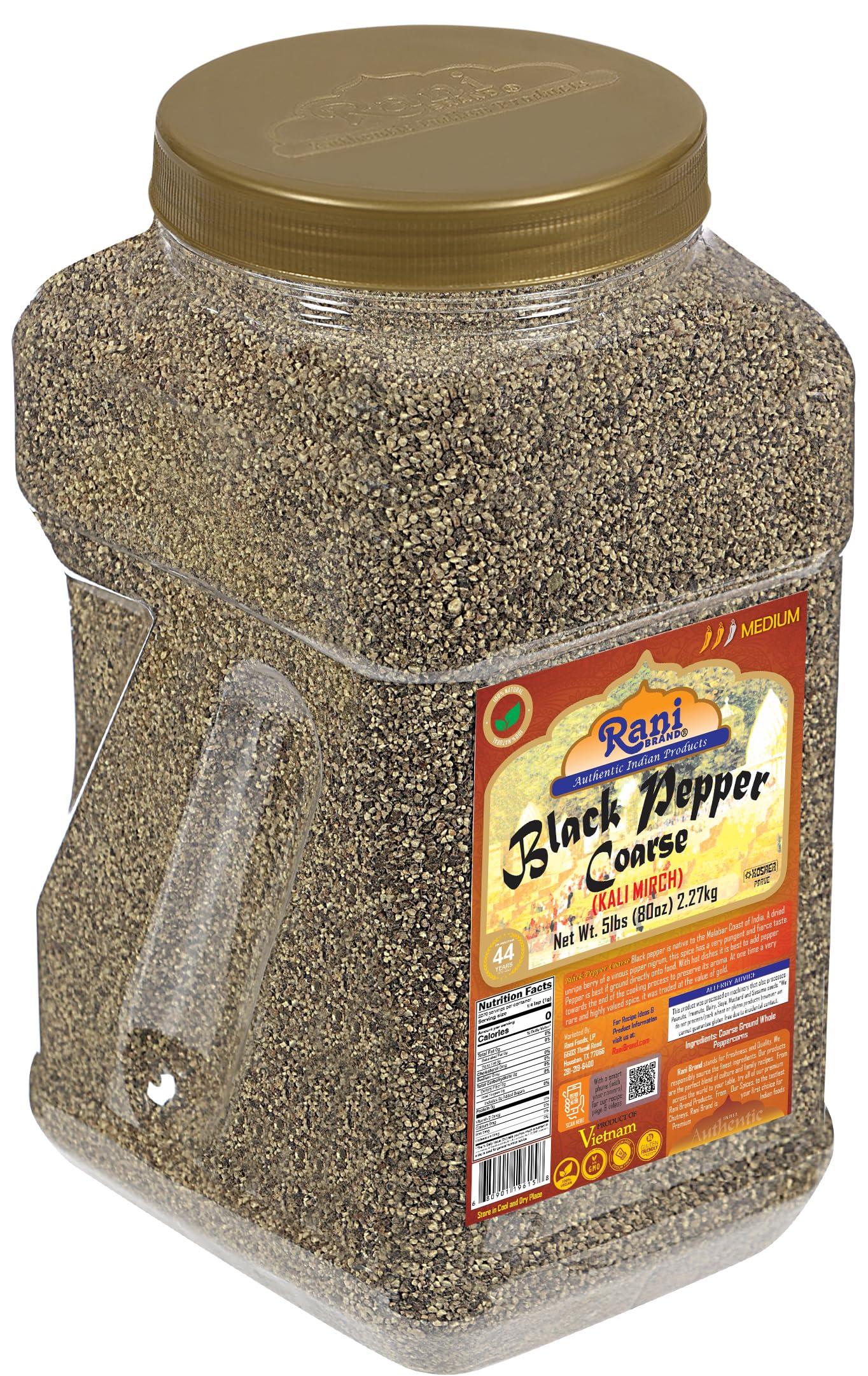 Rani Black Pepper Coarse Ground 28 Mesh (Table Grind) - 80oz (5lbs) 2.27kg Bulk PET Jar | All Natural, Vegan, Gluten Free, Non-GMO, Kosher Certified | Perfect for Cooking, Grilling & Seasoning