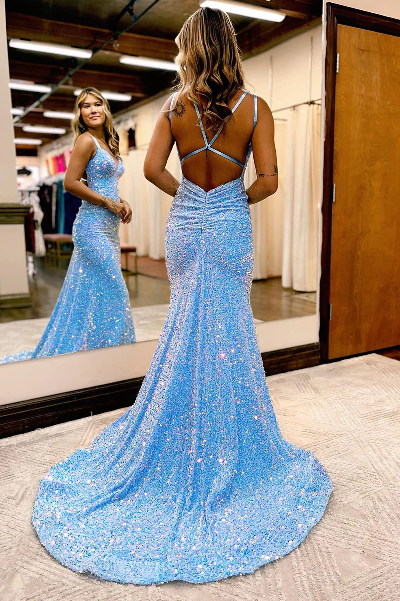 Mermaid Blue Sequins Long Prom Dress - Sparkling Formal Evening Gown for Women | Perfect for Homecoming, Prom Night, and Special Occasions