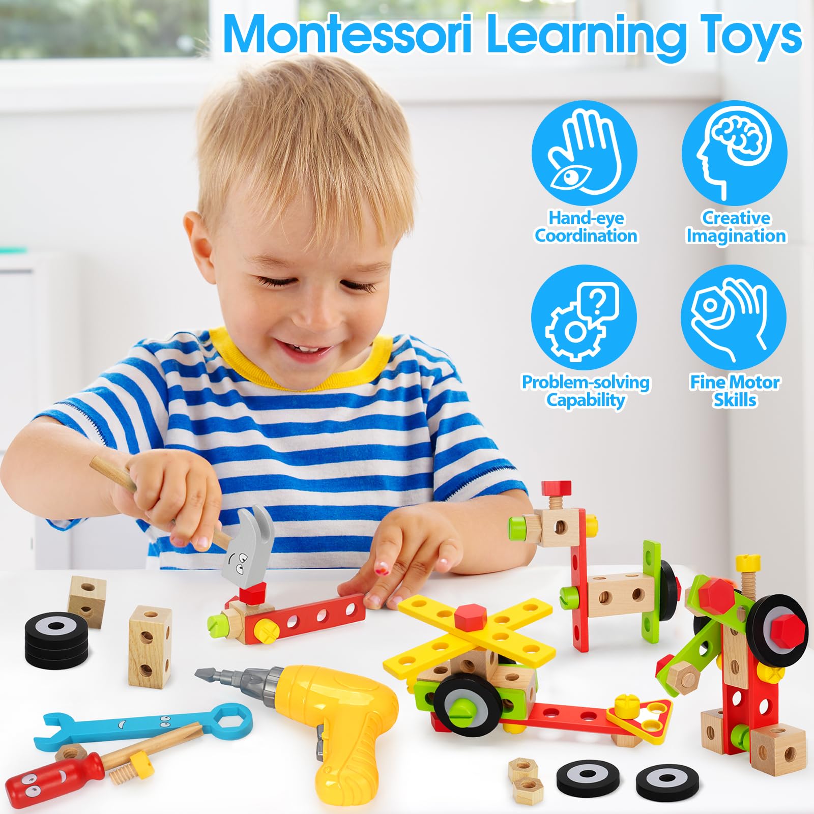 **44-Piece Wooden Kids Tool Set with Drill - STEM Montessori Educational Construction Toy for Boys & Girls Ages 3-5 - Pretend Play, DIY Projects & Early Learning Development**