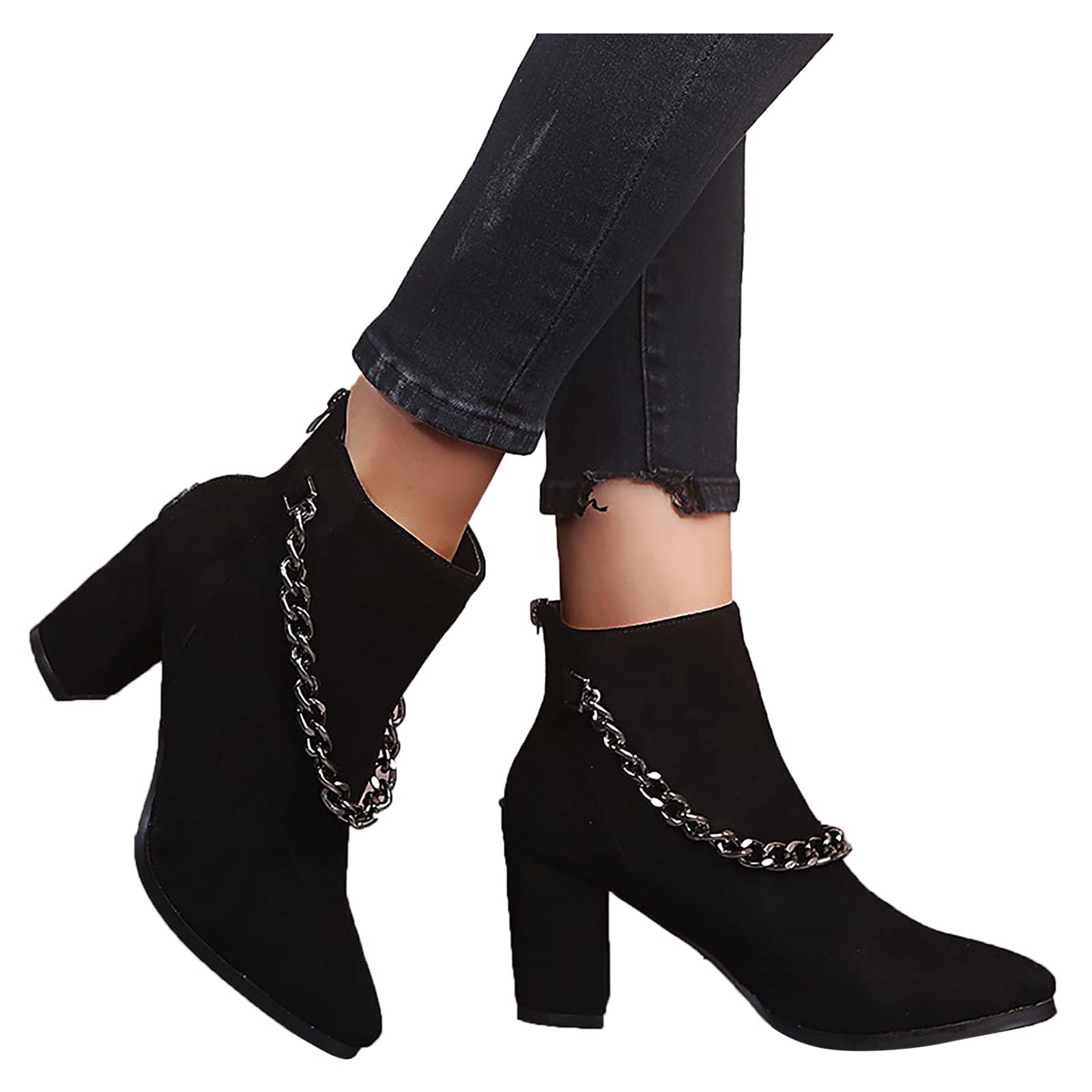 Women's Winter Ankle Boots with Chain Detail - Black Cowgirl Boots for Women, Low Heel Work Boots | Perfect for Western Fashion, Casual Outfits & Outdoor Activities