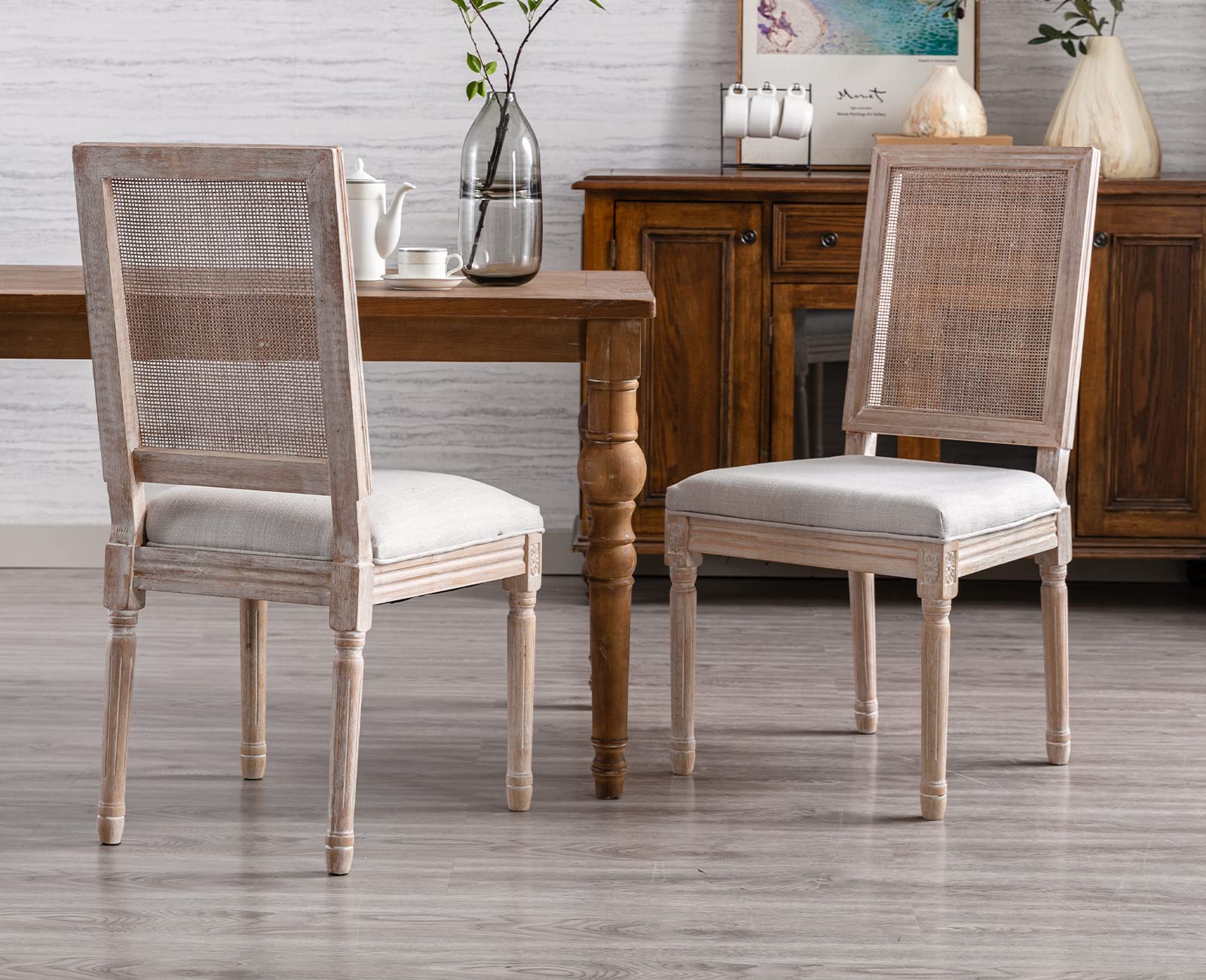 Kmax Farmhouse Dining Chairs Set of 2 - French Country Distressed Fabric Upholstered Chairs with Rattan Back - Elegant Tufted Kitchen & Bedroom Seating - Beige - Perfect for Dining Rooms, Breakfast Nooks & Cozy Home Decor