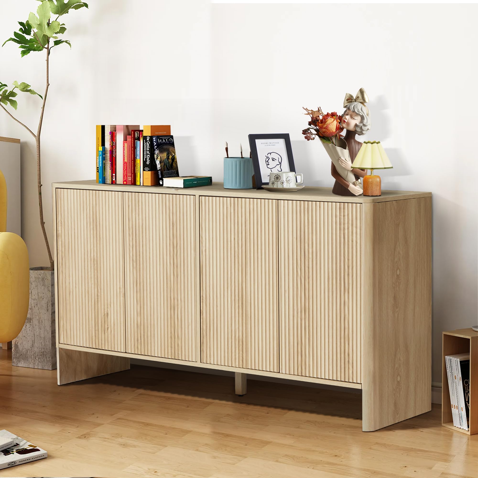 Modern Sideboard Buffet Cabinet with 4 Fluted Doors & Adjustable Shelves - Solid Wood Storage Credenza for Dining Room, Kitchen, Living Room & Entryway - Perfect for Entertaining, Displaying Decor & Organizing Dishes (Natural Finish)