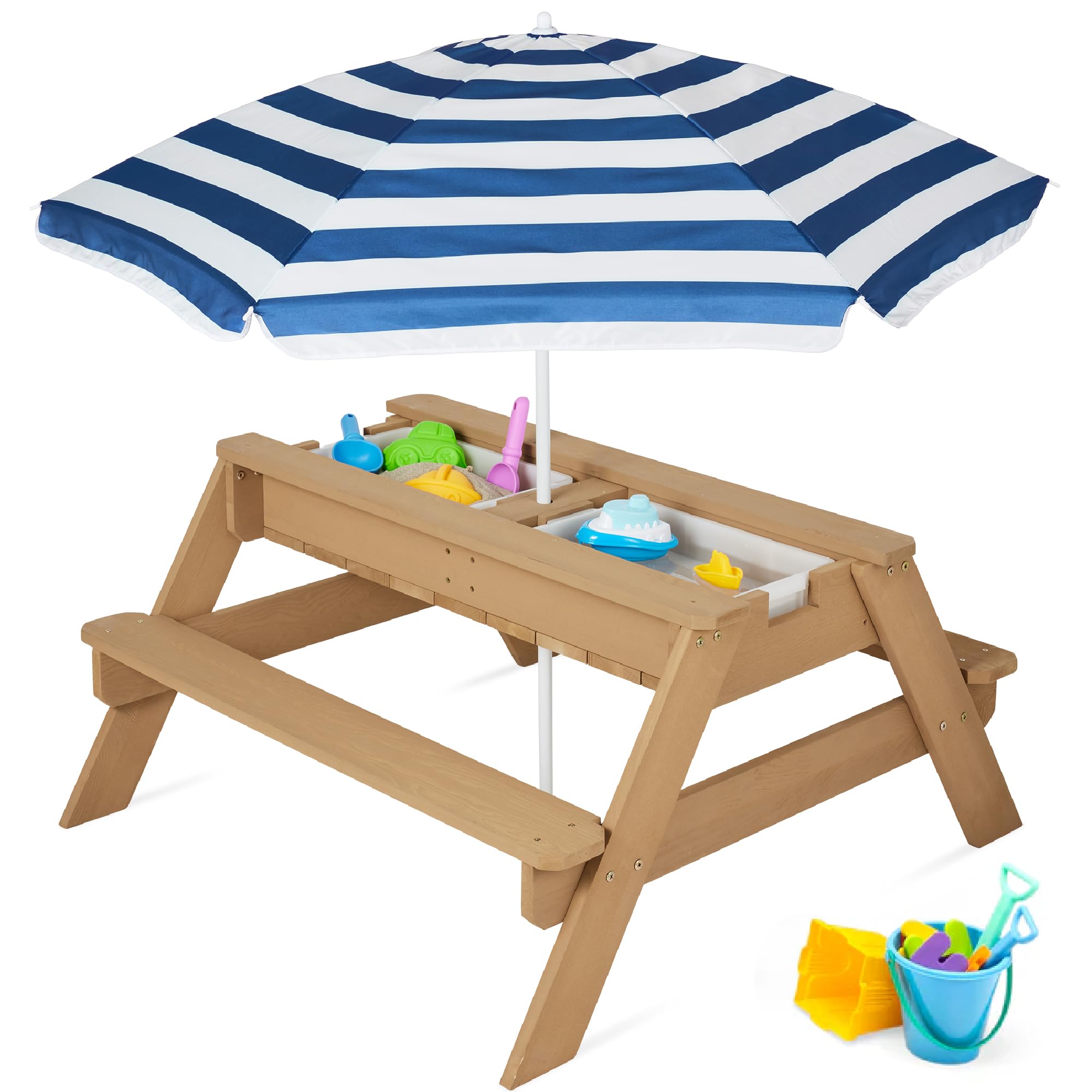 Best Choice Products Kids 3-in-1 Sand & Water Table with Convertible Picnic Top - Wooden Outdoor Activity Table with Umbrella, 2 Storage Trays & 220lb Weight Capacity - Perfect for Backyard Play, Beach Fun & Outdoor Dining (Navy Blue)