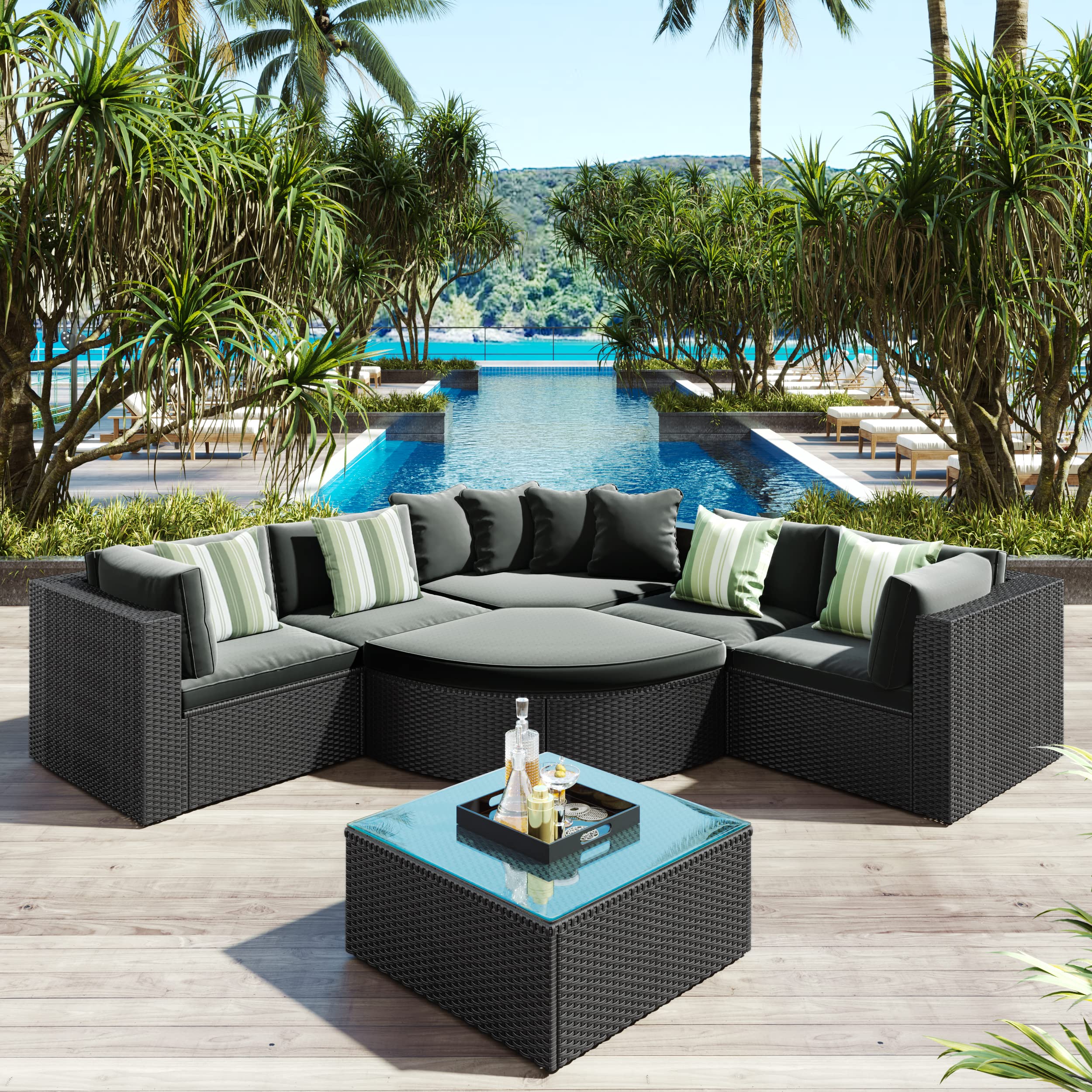 7-Piece Patio Furniture Set Outdoor Wicker Sofa with Coffee Table & Striped Green Pillows - Grey Rattan Conversation Set for Garden, Poolside, and Backyard Relaxation