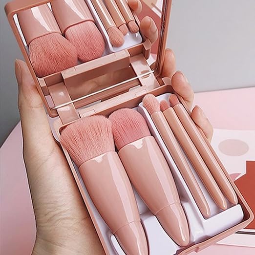 ZOOMIQUE Mini Makeup Brush Set with Mirror - 6 Piece Travel Makeup Brushes for Eyebrow, Blush & Lip Gloss | Portable Cosmetic Brush Case | Perfect for On-the-Go Touchups, Travel & Professional Makeup Artists (Pink)