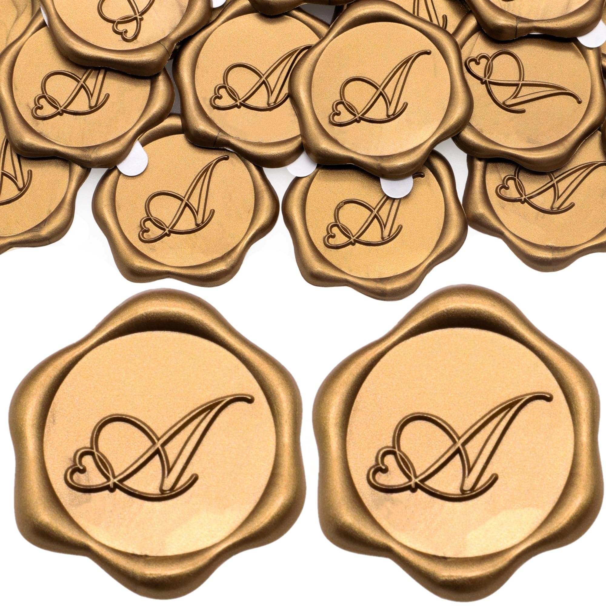 SWANGSA 100 Pack Letter A Wax Seal Stickers - Antique Gold Heart Design Initial Adhesive Wax Seals for Wedding Invitations, Envelopes, Party Decorations & DIY Scrapbooking