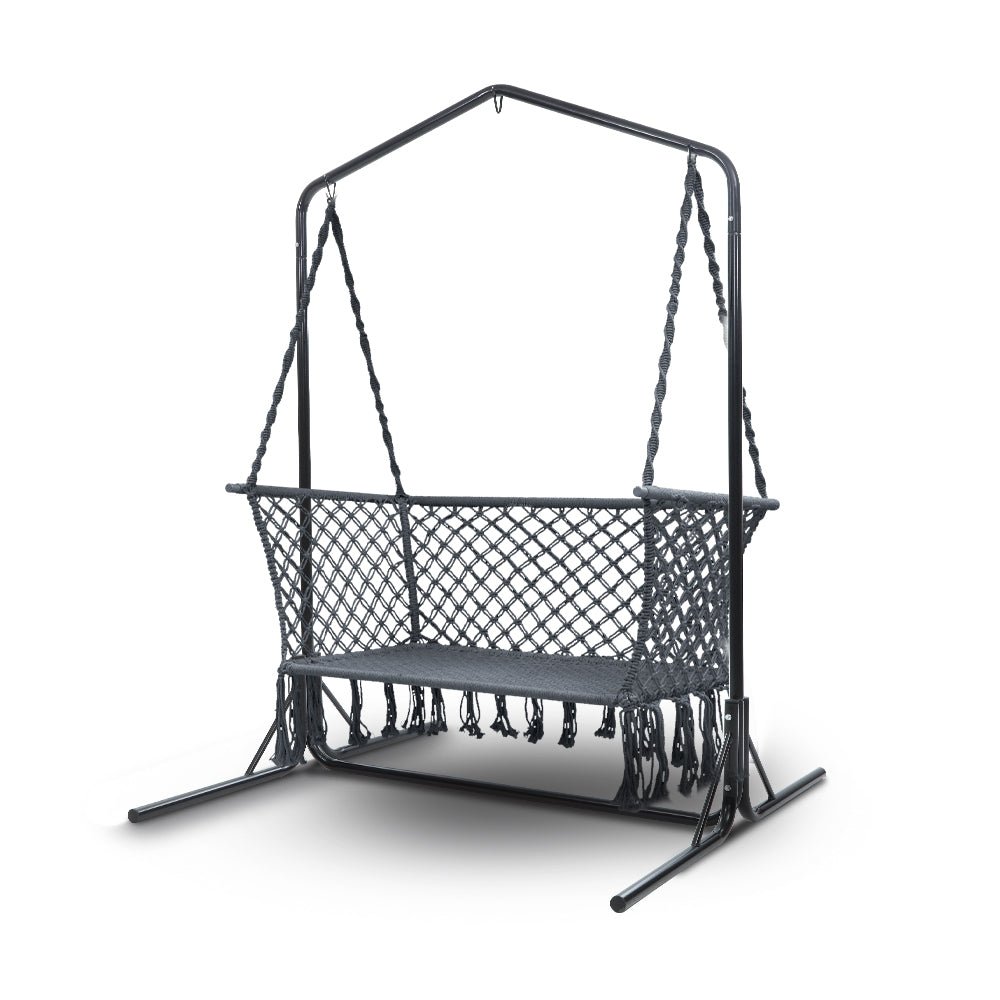 Macrame Hammock Chair with Stand - 2 Seater Outdoor Hanging Swing for Garden, Patio, or Balcony - Comfortable Grey Hammock for Relaxing and Lounging